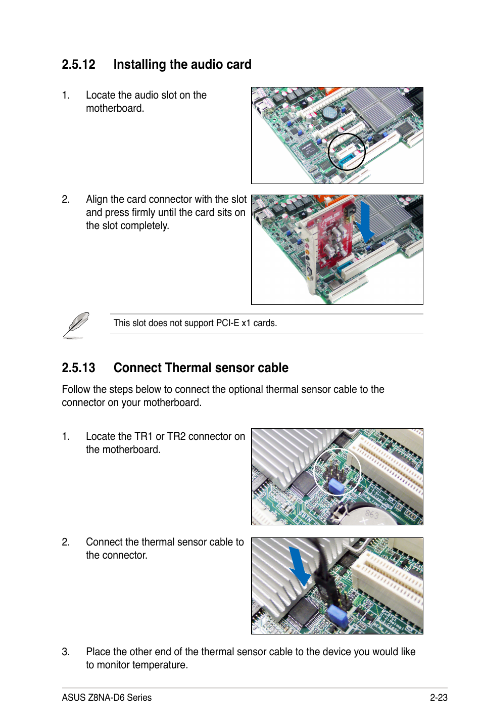 13 connect thermal sensor cable, 12 installing the audio card | Asus Z8NA-D6 User Manual | Page 43 / 168