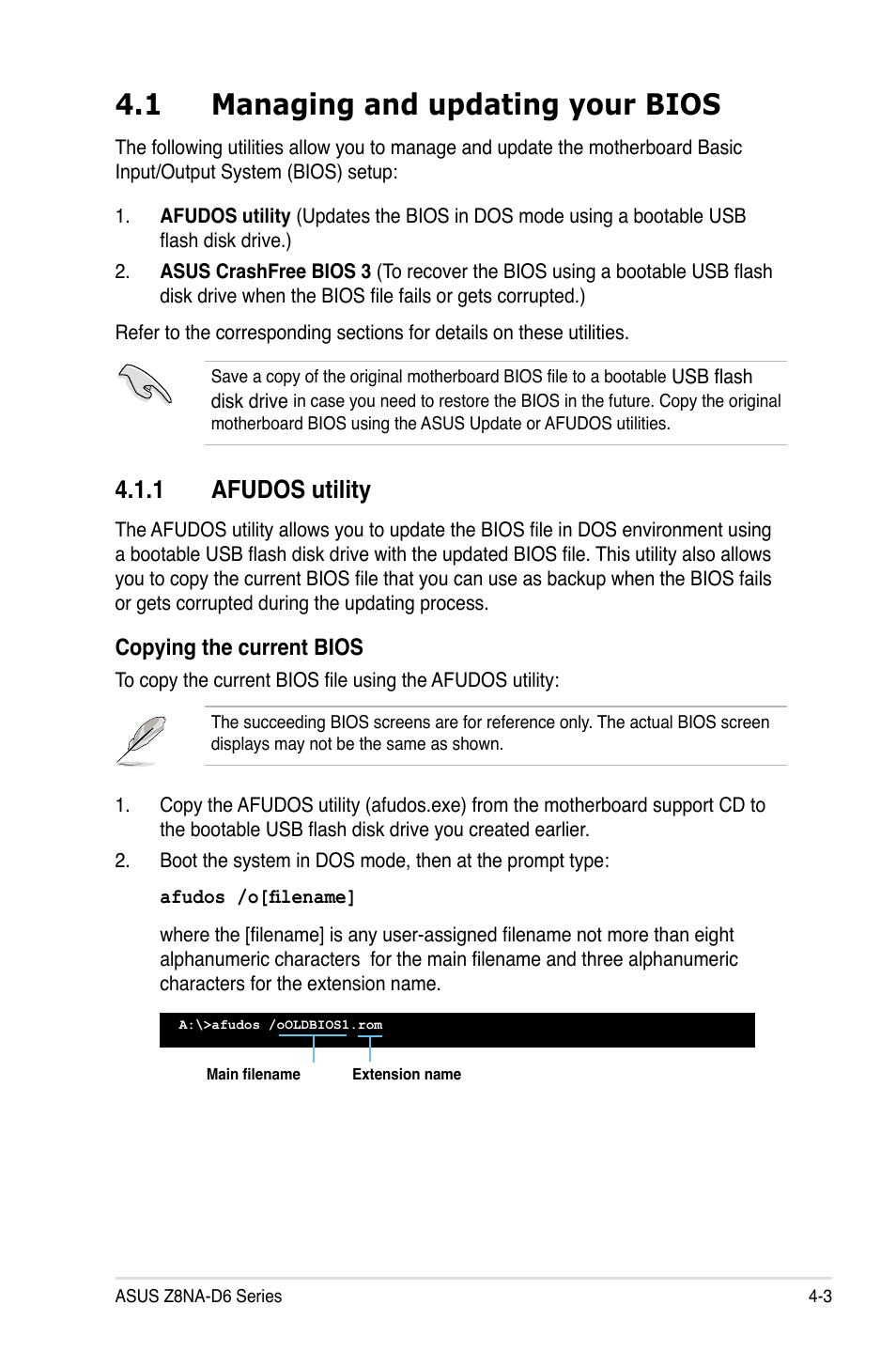 1 managing and updating your bios, 1 afudos utility | Asus Z8NA-D6 User Manual | Page 65 / 168