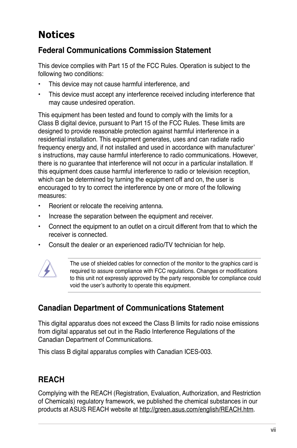 Notices, Federal communications commission statement, Canadian department of communications statement | Reach | Asus Z8NA-D6 User Manual | Page 7 / 168