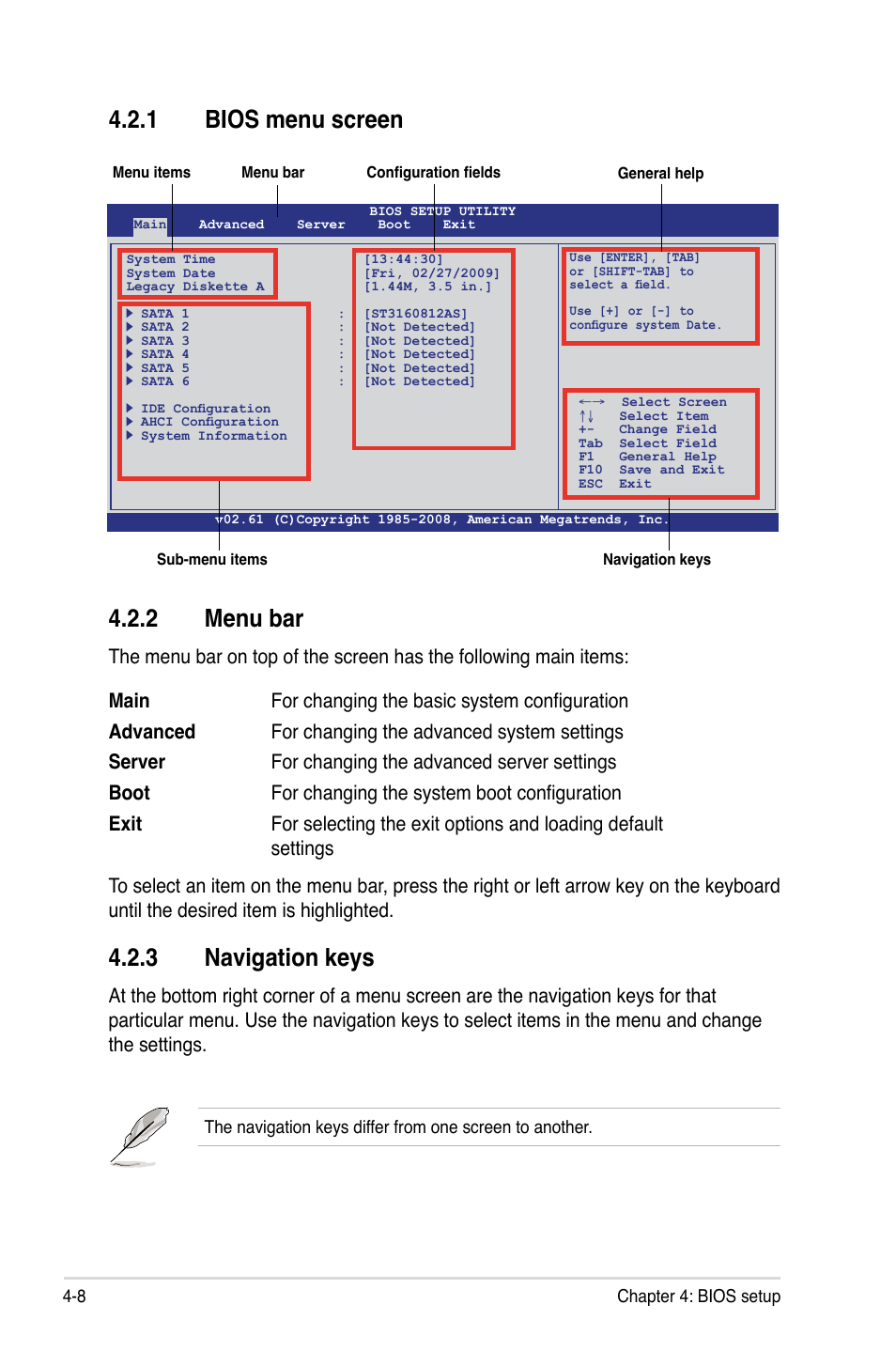 2 menu bar, 3 navigation keys, 1 bios menu screen | Asus Z8NA-D6 User Manual | Page 70 / 168