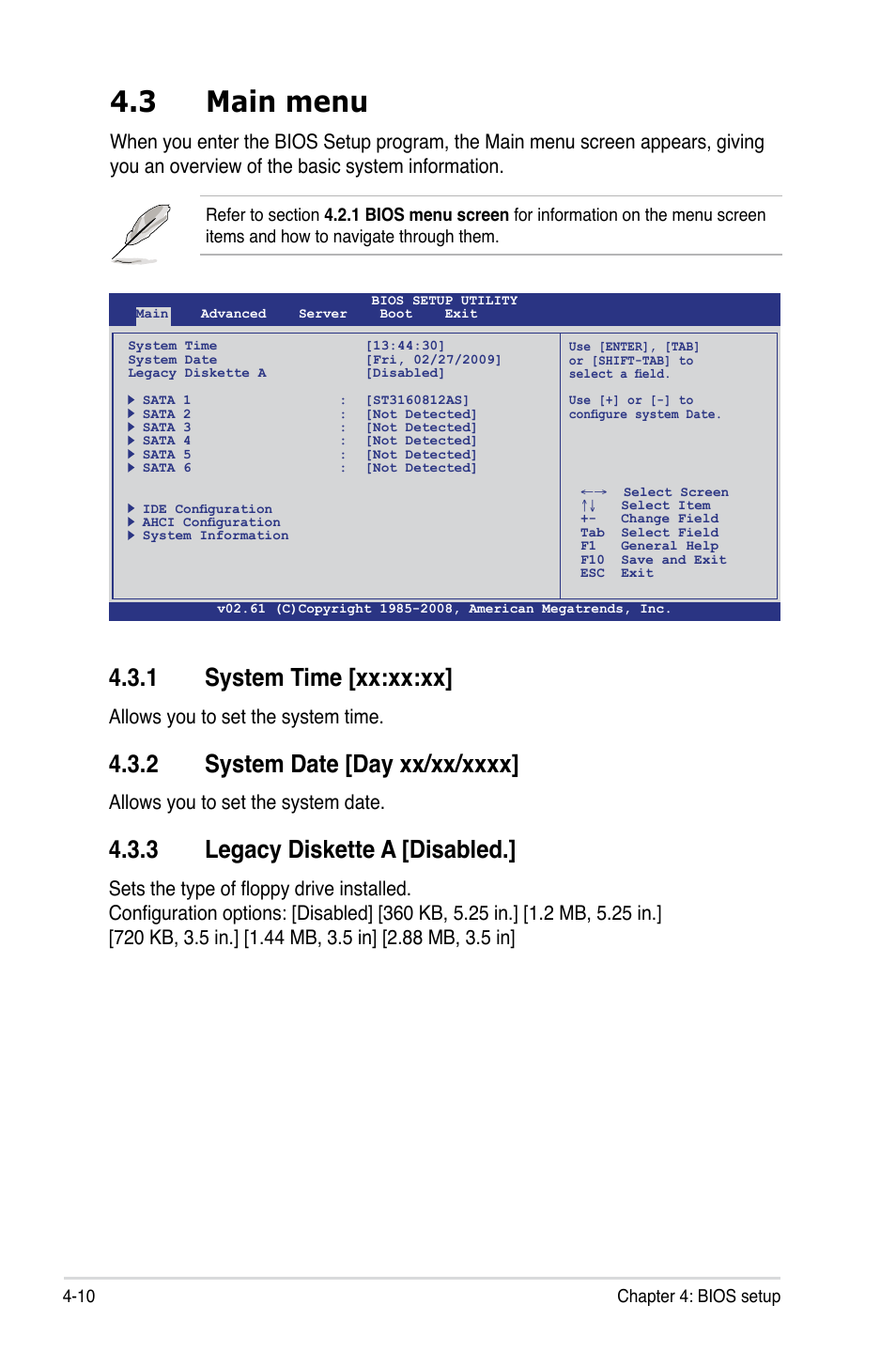 3 main menu, 1 system time [xx:xx:xx, 3 legacy diskette a [disabled | Allows you to set the system time, Allows you to set the system date | Asus Z8NA-D6 User Manual | Page 72 / 168