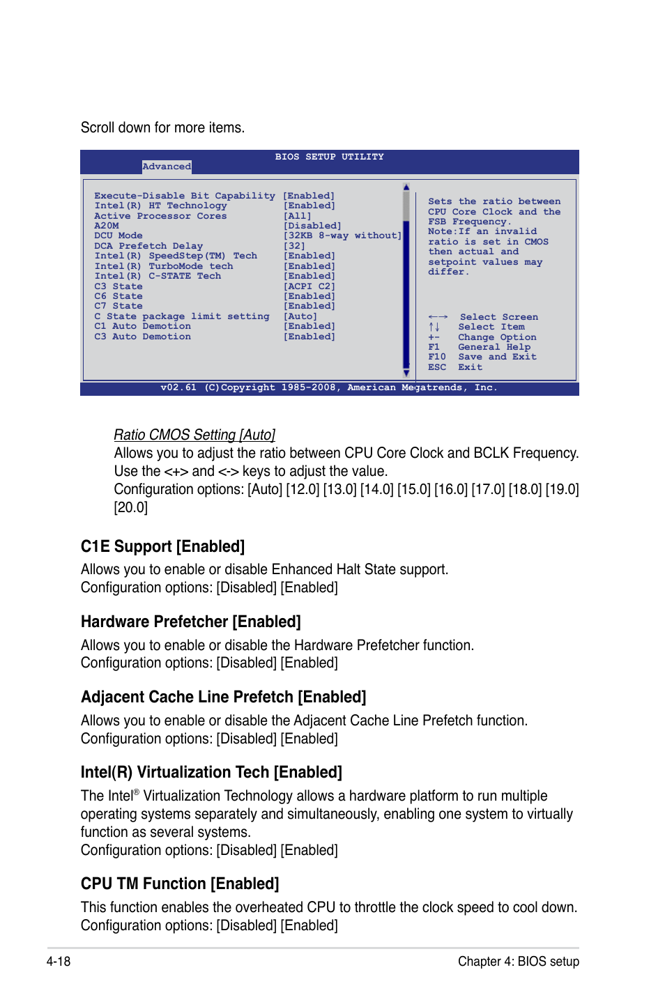 C1e support [enabled, Hardware prefetcher [enabled, Adjacent cache line prefetch [enabled | Intel(r) virtualization tech [enabled, Cpu tm function [enabled, Scroll down for more items, The intel | Asus Z8NA-D6 User Manual | Page 80 / 168