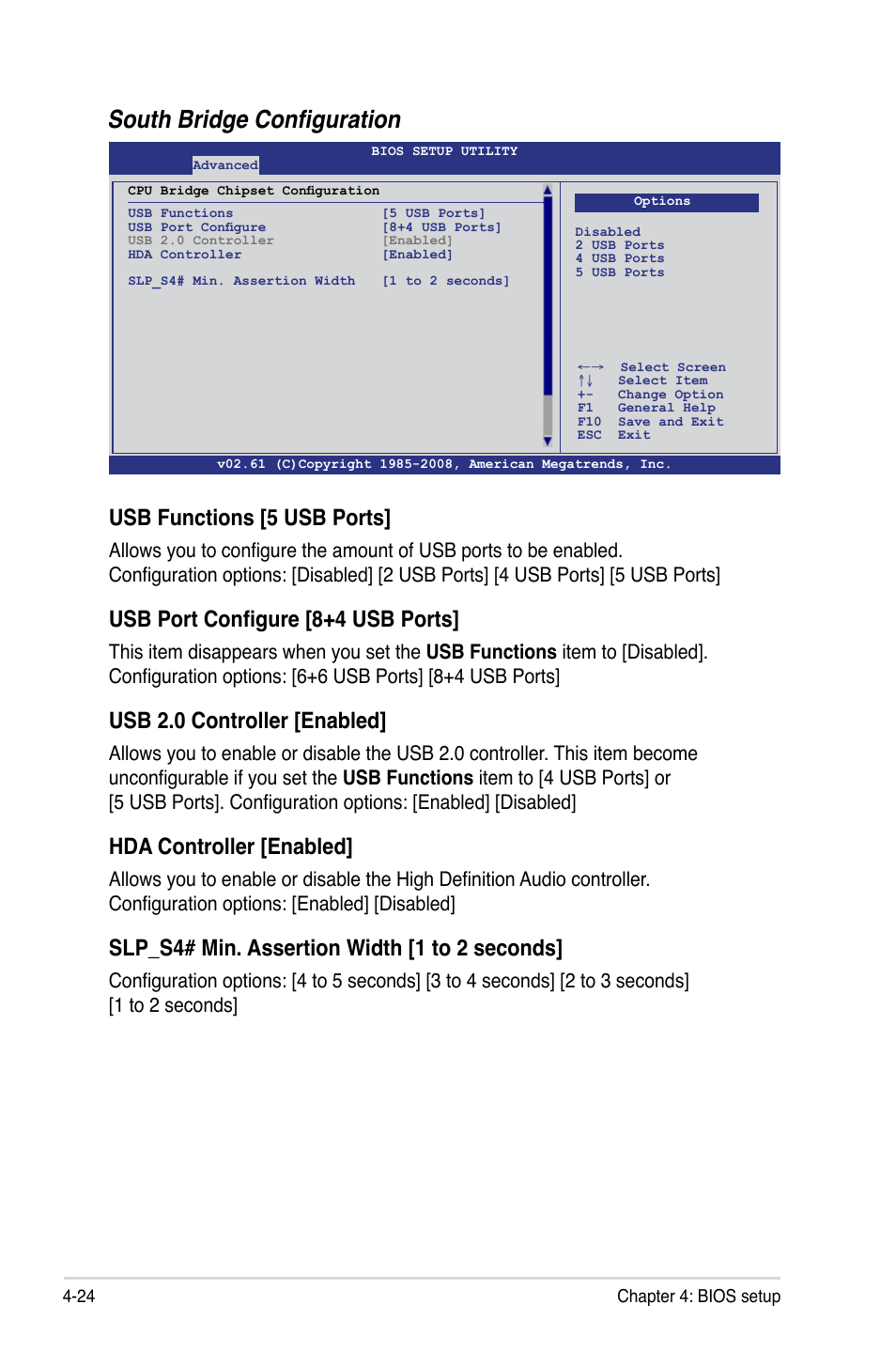 South bridge configuration, Usb functions [5 usb ports, Usb port configure [8+4 usb ports | Usb 2.0 controller [enabled, Hda controller [enabled, Slp_s4# min. assertion width [1 to 2 seconds | Asus Z8NA-D6 User Manual | Page 86 / 168