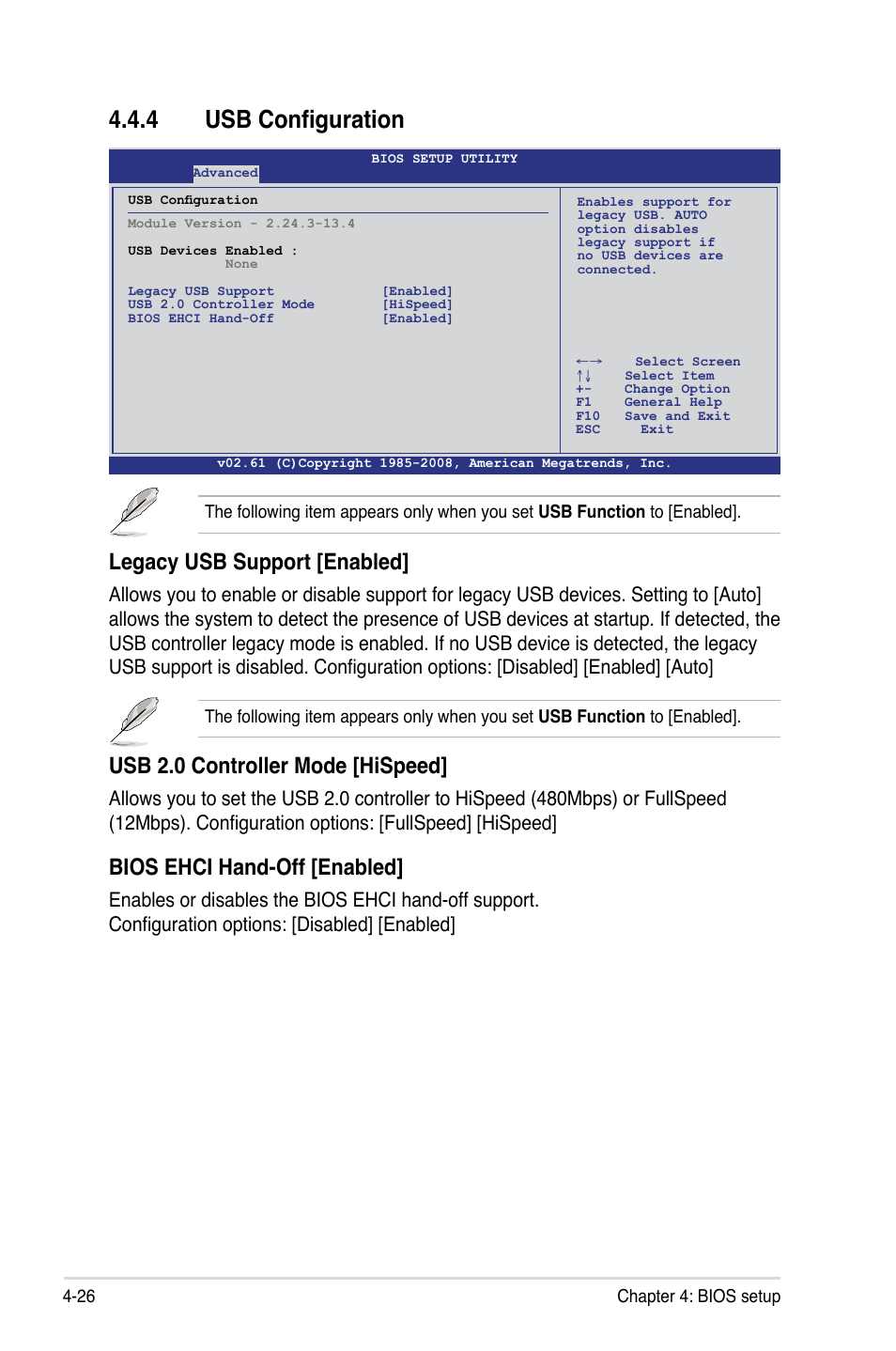 4 usb configuration, Legacy usb support [enabled, Usb 2.0 controller mode [hispeed | Bios ehci hand-off [enabled | Asus Z8NA-D6 User Manual | Page 88 / 168