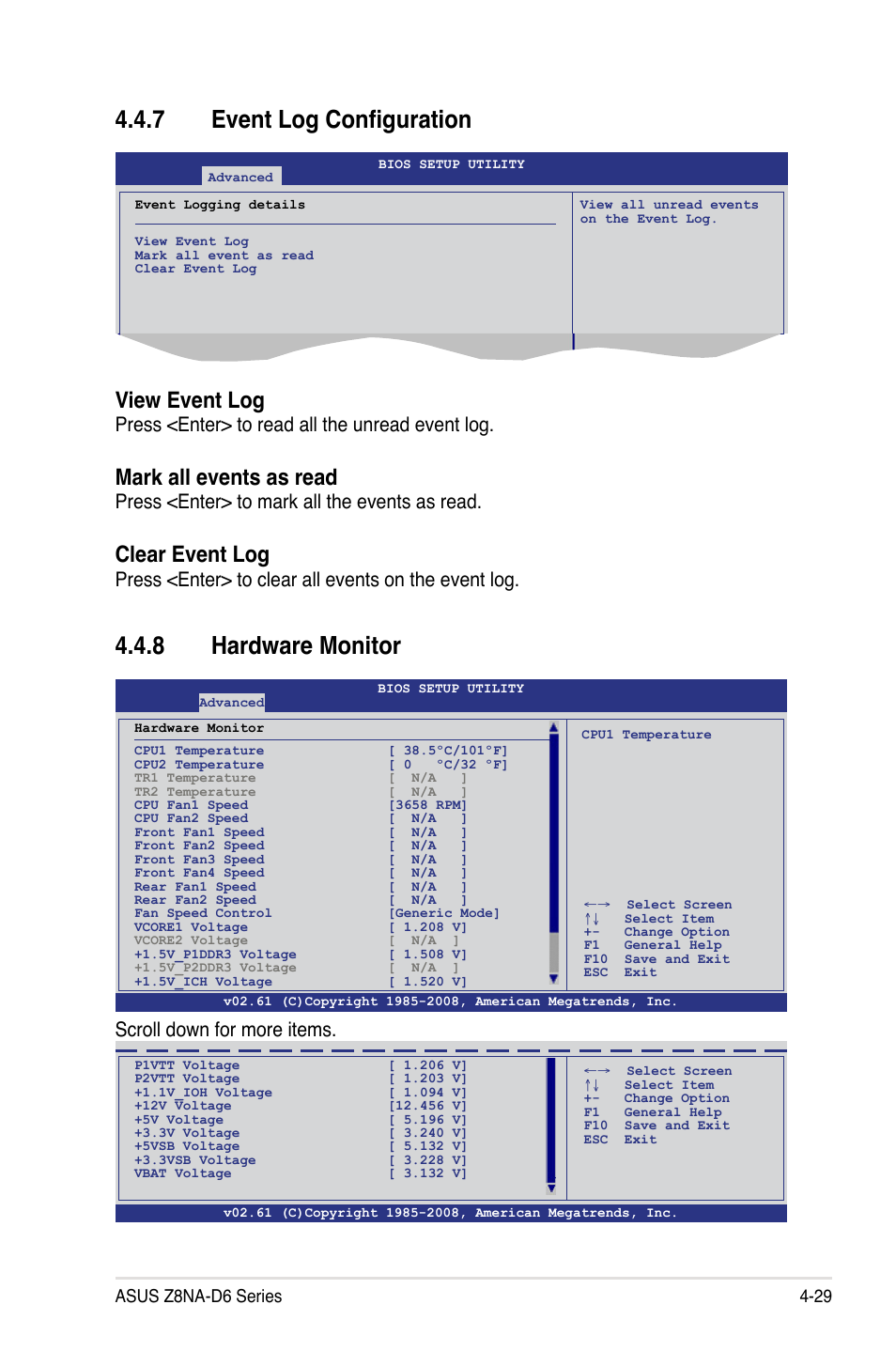 7 event log configuration, 8 hardware monitor, View event log | Mark all events as read, Clear event log, Press <enter> to read all the unread event log, Press <enter> to mark all the events as read, Press <enter> to clear all events on the event log, Scroll down for more items | Asus Z8NA-D6 User Manual | Page 91 / 168