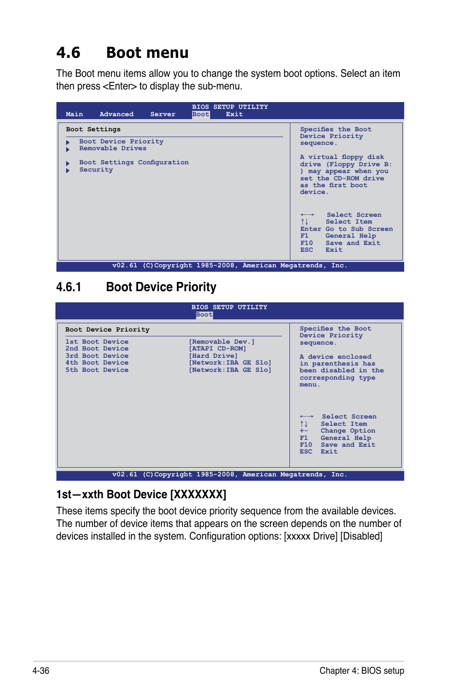 6 boot menu, 1 boot device priority, 36 chapter 4: bios setup | Asus Z8NA-D6 User Manual | Page 98 / 168