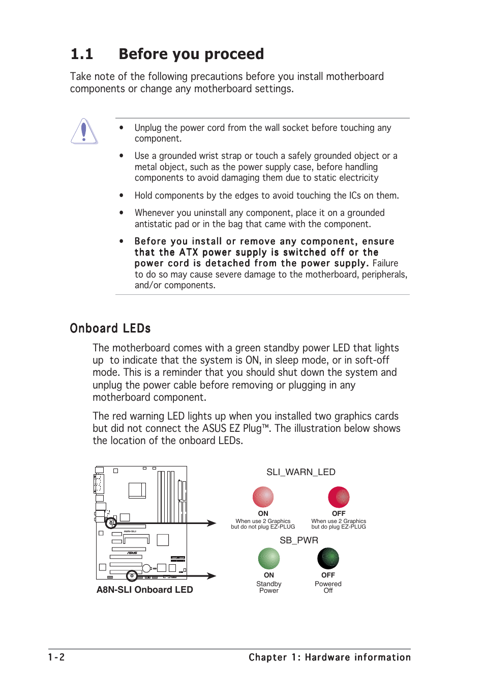 1 before you proceed, Onboard leds | Asus A8N-SLI User Manual | Page 12 / 88