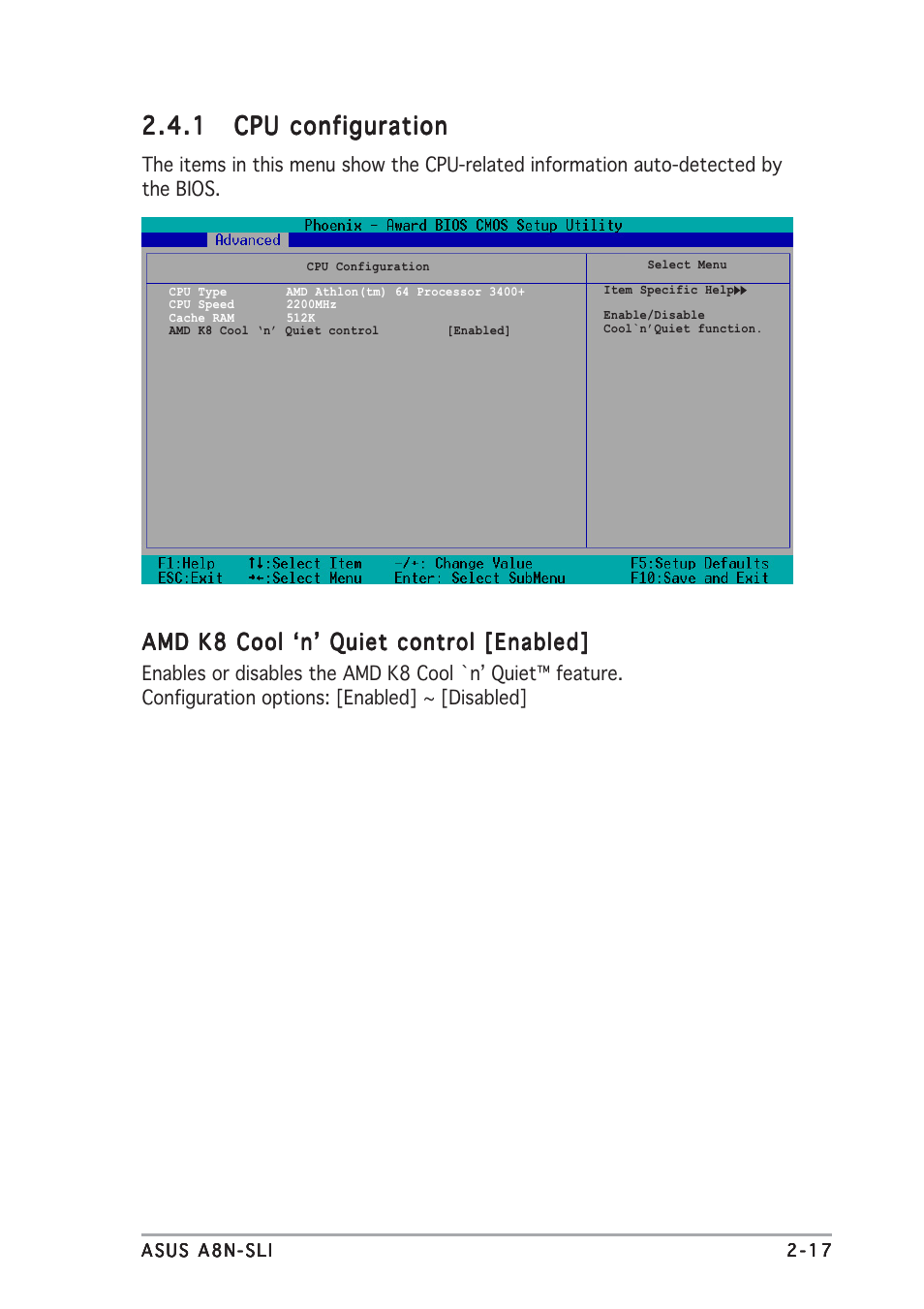 Amd k8 cool ‘n’ quiet control [enabled | Asus A8N-SLI User Manual | Page 55 / 88