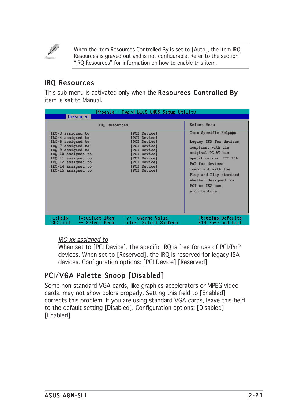 Pci/vga palette snoop [disabled, Irq resources | Asus A8N-SLI User Manual | Page 59 / 88