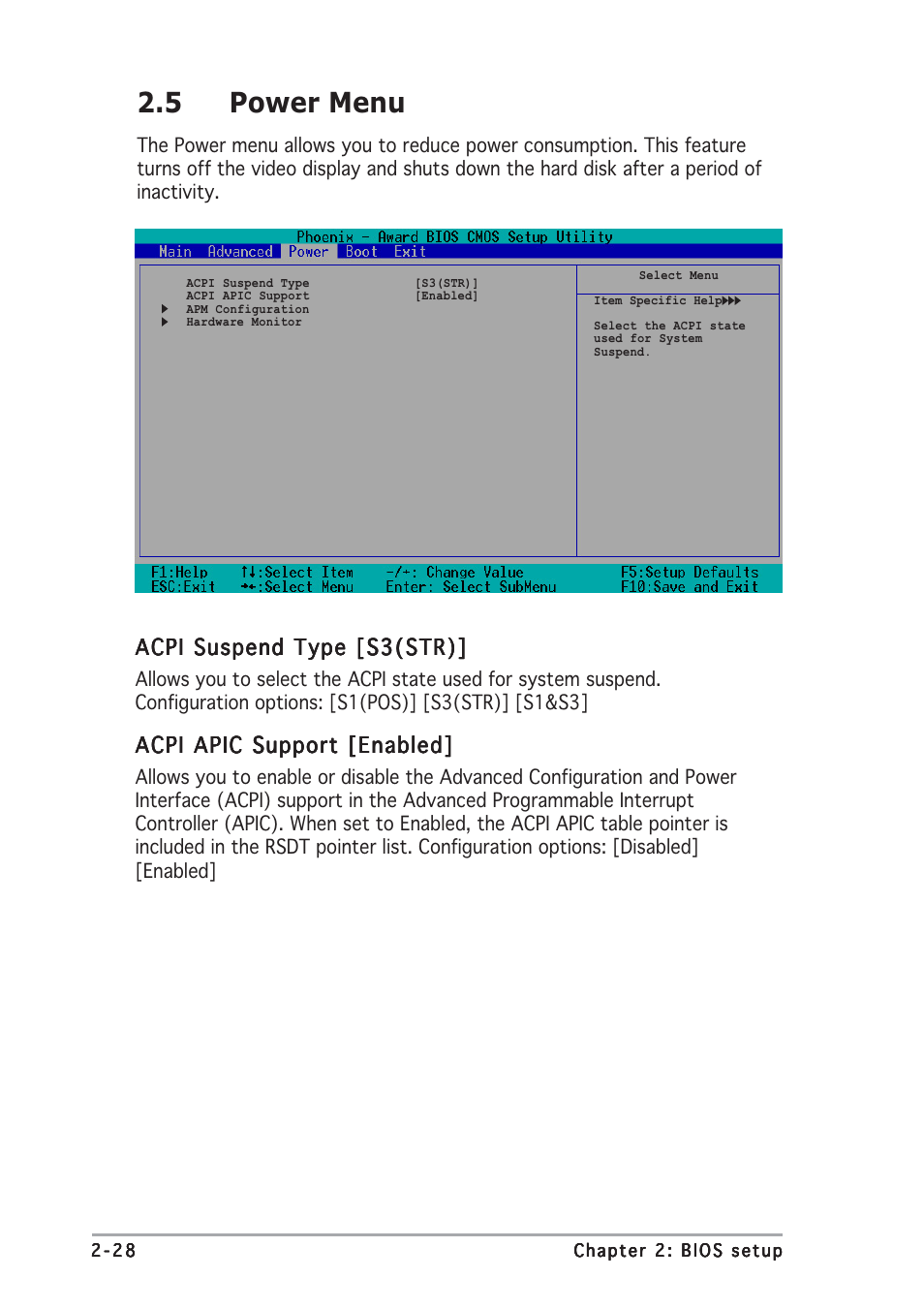 5 power menu, Acpi suspend type [s3(str), Acpi apic support [enabled | Asus A8N-SLI User Manual | Page 66 / 88