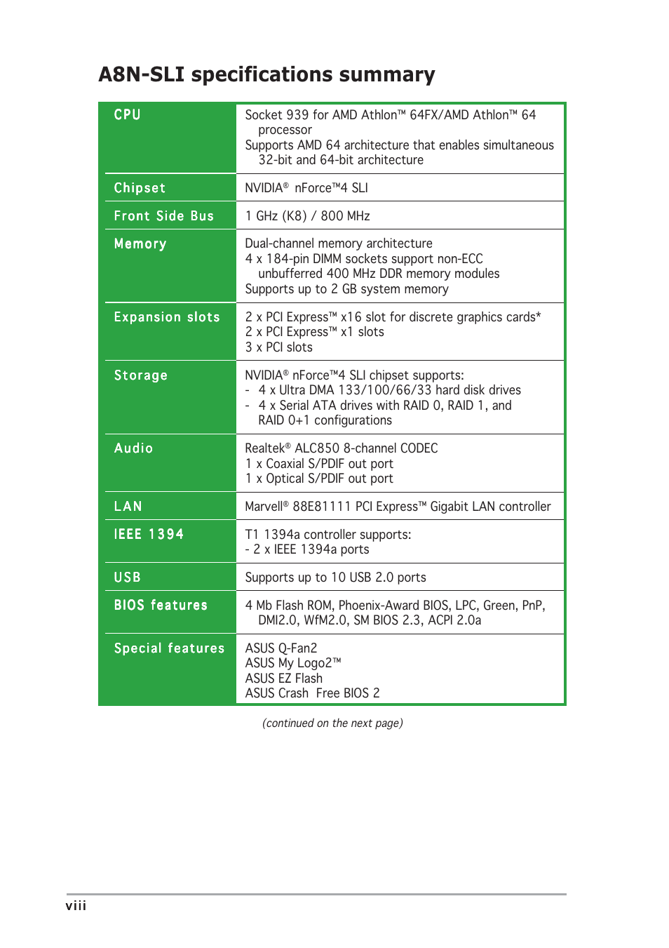 A8n-sli specifications summary | Asus A8N-SLI User Manual | Page 8 / 88