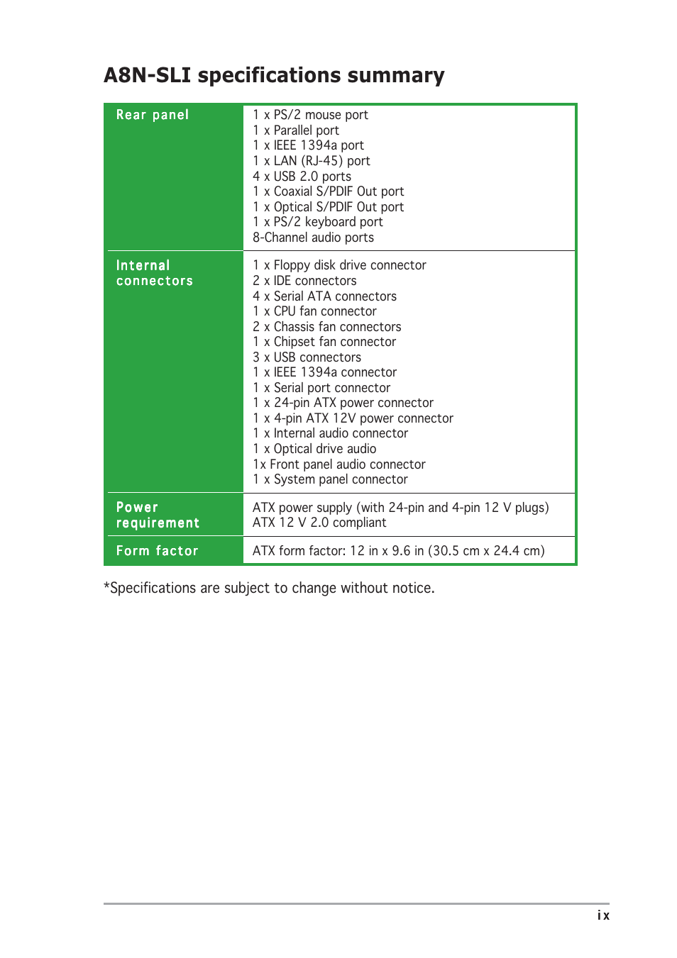 A8n-sli specifications summary | Asus A8N-SLI User Manual | Page 9 / 88