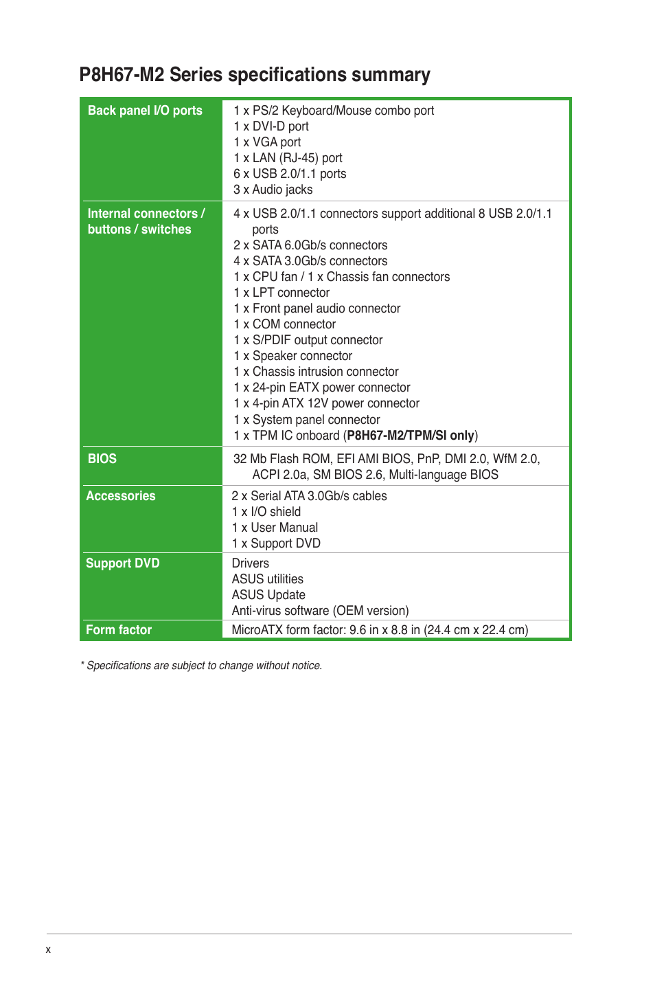 P8h67-m2 series specifications summary | Asus P8H67-M2/TPM/SI User Manual | Page 10 / 57