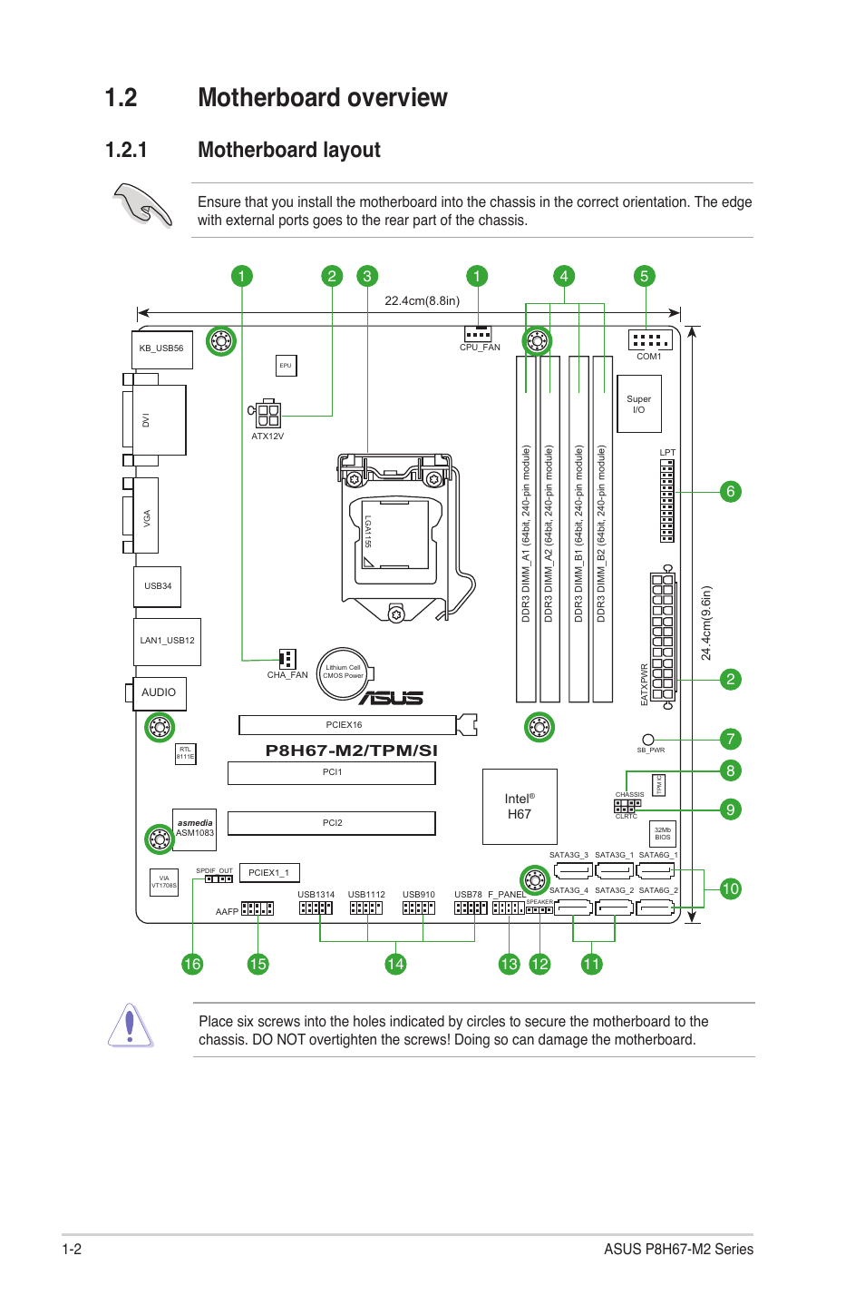 2 motherboard overview, 1 motherboard layout, Motherboard overview -2 1.2.1 | Motherboard layout -2 | Asus P8H67-M2/TPM/SI User Manual | Page 12 / 57