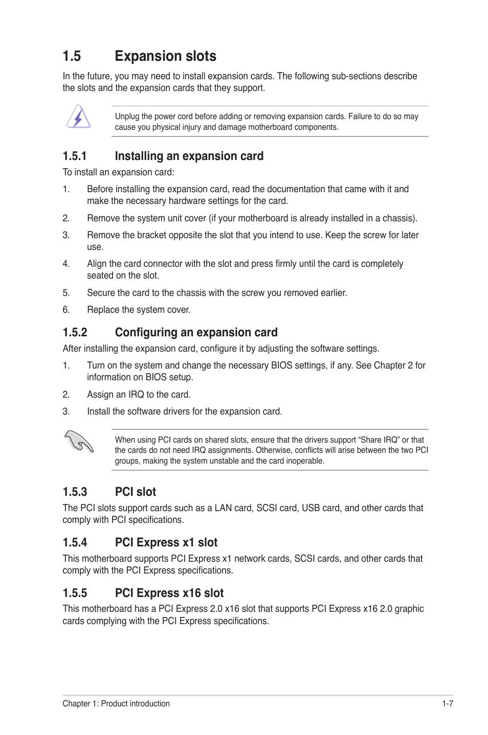 5 expansion slots, 1 installing an expansion card, 2 configuring an expansion card | 3 pci slot, 4 pci express x1 slot, 5 pci express x16 slot, Expansion slots -7 1.5.1, Installing an expansion card -7, Configuring an expansion card -7, Pci slot -7 | Asus P8H67-M2/TPM/SI User Manual | Page 17 / 57