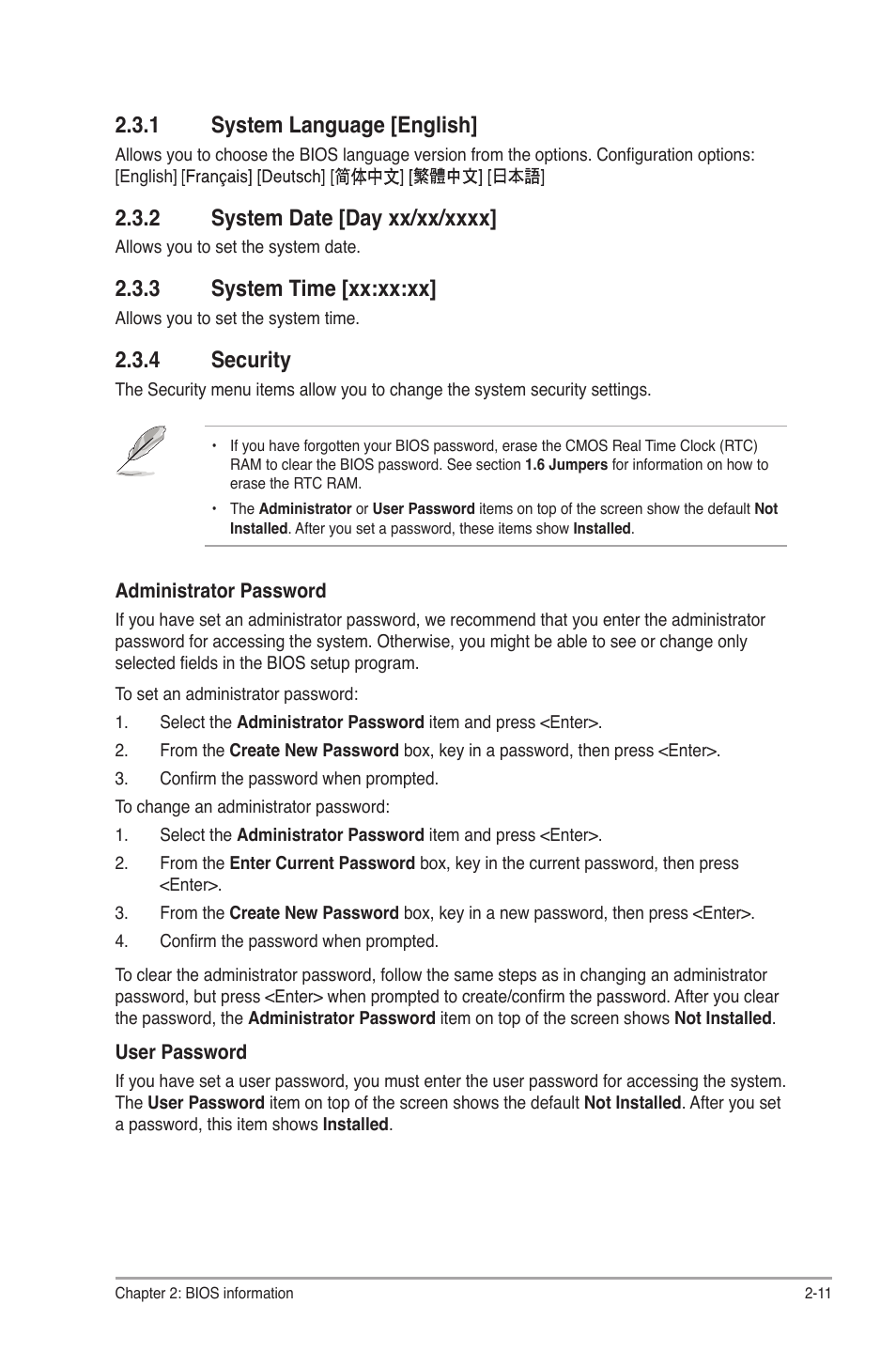 1 system language [english, 2 system date [day xx/xx/xxxx, 3 system time [xx:xx:xx | 4 security, System language [english] -11, System date [day xx/xx/xxxx] -11, System time [xx:xx:xx] -11, Security -11 | Asus P8H67-M2/TPM/SI User Manual | Page 39 / 57