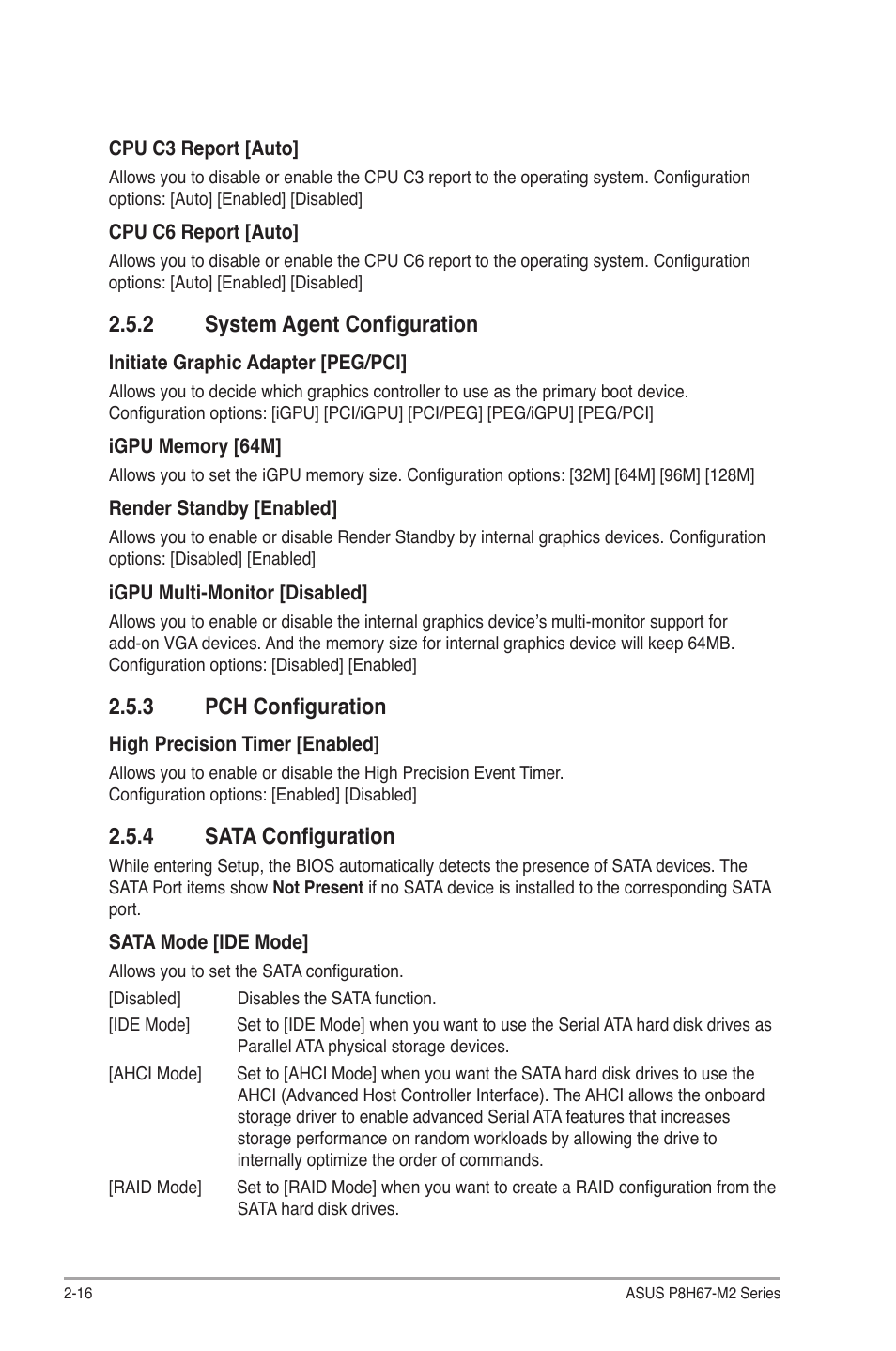 2 system agent configuration, 3 pch configuration, 4 sata configuration | System agent configuration -16, Pch configuration -16, Sata configuration -16 | Asus P8H67-M2/TPM/SI User Manual | Page 44 / 57