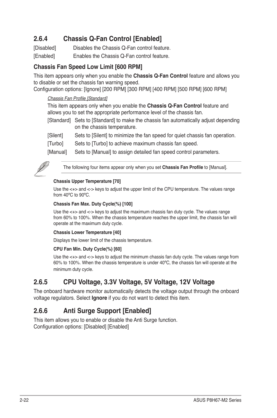 4 chassis q-fan control [enabled, 6 anti surge support [enabled, Chassis q-fan control [enabled] -22 | Anti surge support [enabled] -22 | Asus P8H67-M2/TPM/SI User Manual | Page 50 / 57