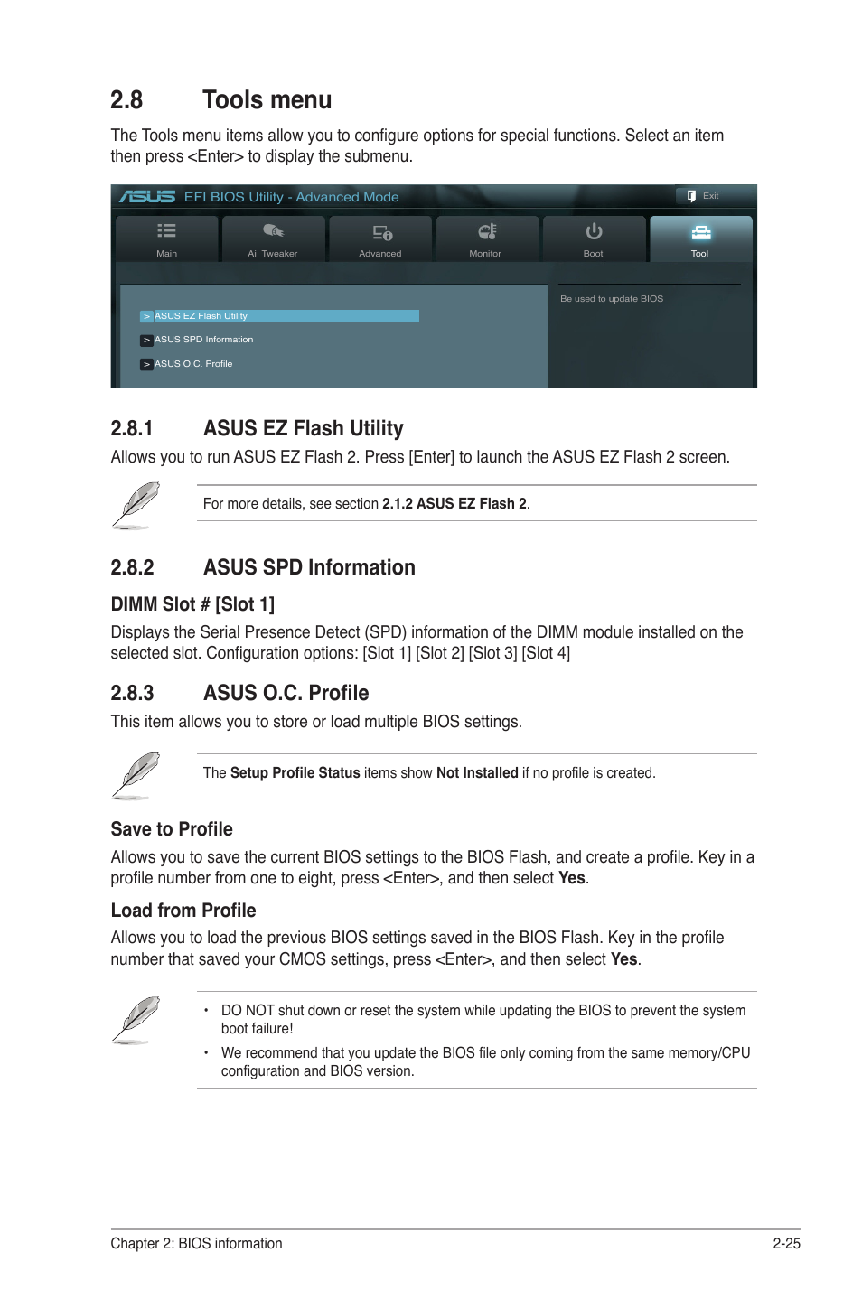 8 tools menu, 1 asus ez flash utility, 2 asus spd information | 3 asus o.c. profile, Tools menu -25 2.8.1, Asus ez flash utility -25, Asus spd information -25, Asus o.c. profile -25, Dimm slot # [slot 1, Save to profile | Asus P8H67-M2/TPM/SI User Manual | Page 53 / 57