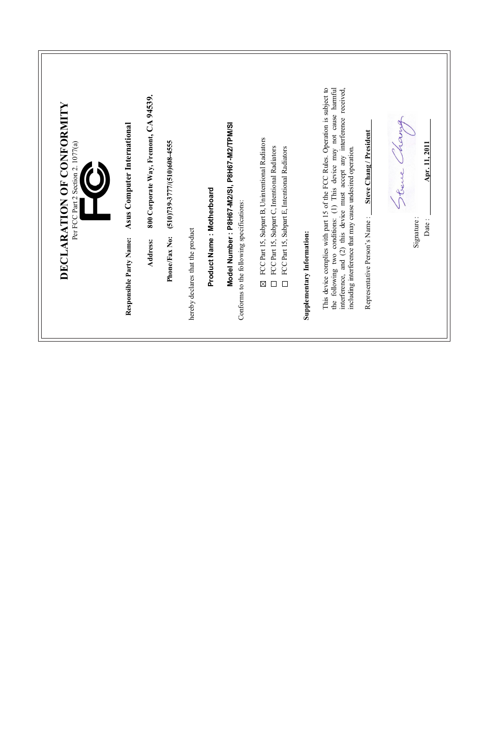 Declaration of conformity | Asus P8H67-M2/TPM/SI User Manual | Page 57 / 57