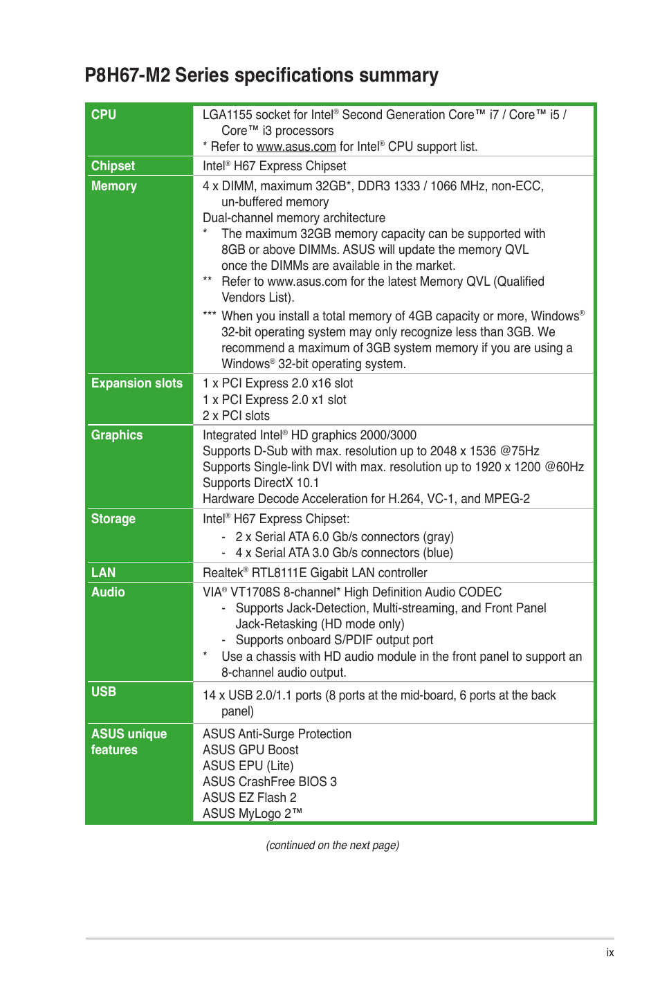 P8h67-m2 series specifications summary | Asus P8H67-M2/TPM/SI User Manual | Page 9 / 57