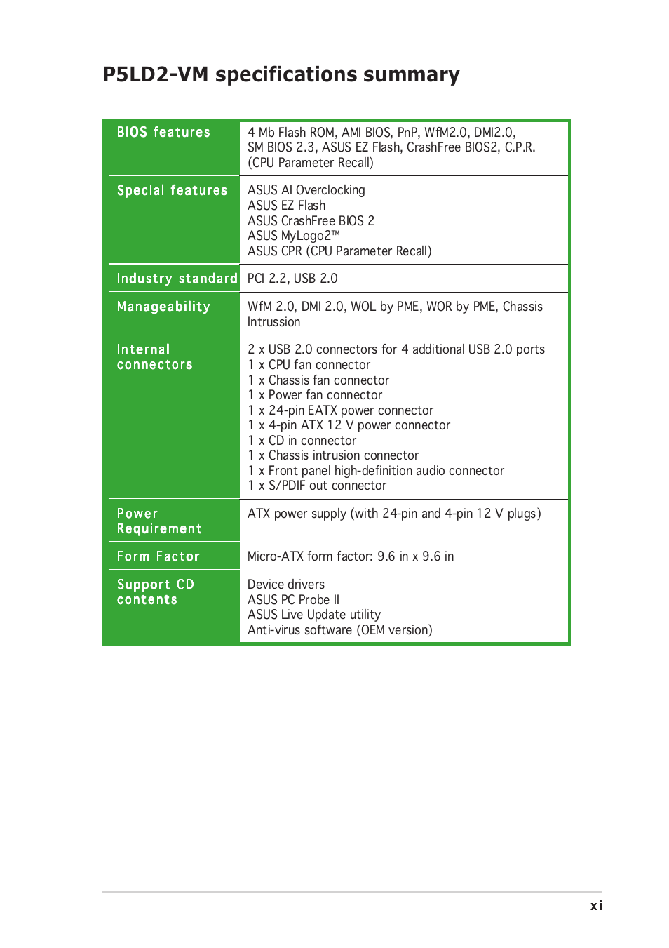 P5ld2-vm specifications summary | Asus P5LD2-VM User Manual | Page 11 / 94