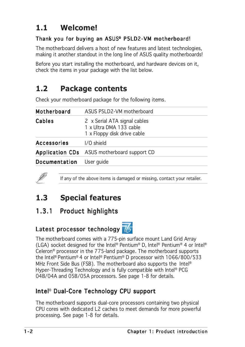 1 welcome, 2 package contents, 3 special features | Asus P5LD2-VM User Manual | Page 14 / 94