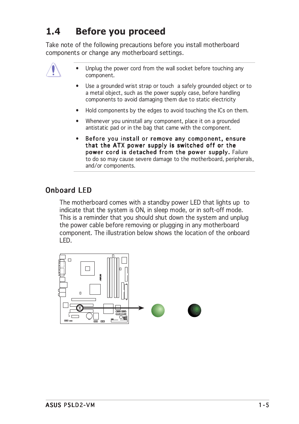 4 before you proceed, Onboard led | Asus P5LD2-VM User Manual | Page 17 / 94