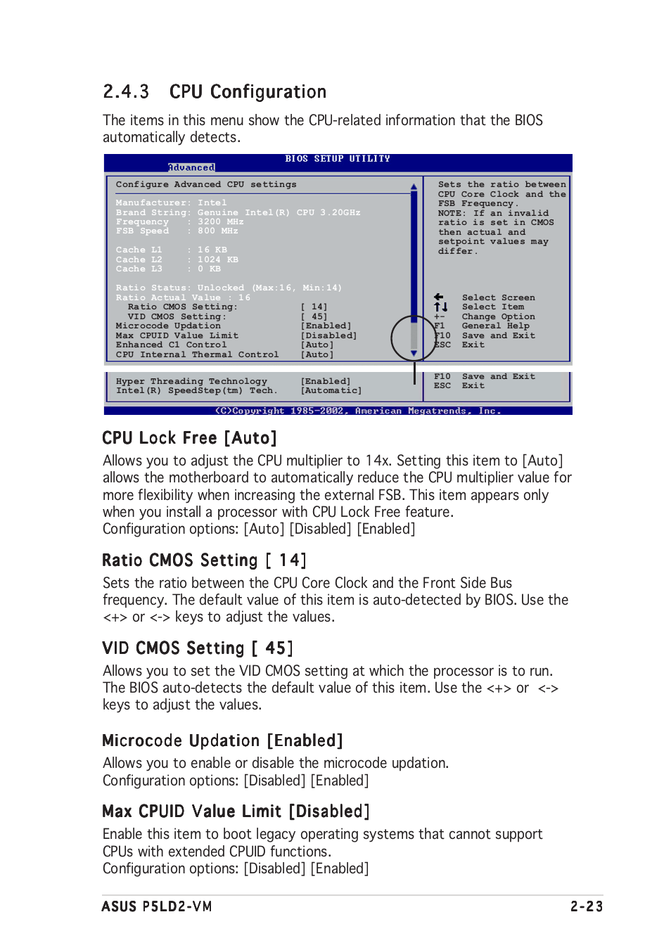 Cpu lock free [auto, Ratio cmos setting [ 14, Vid cmos setting [ 45 | Microcode updation [enabled, Max cpuid value limit [disabled | Asus P5LD2-VM User Manual | Page 67 / 94