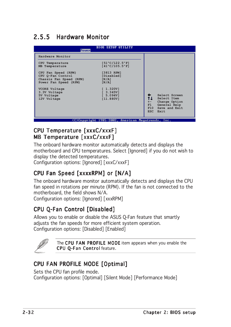 Cpu temperature [xxxc/xxxf, Cpu q-fan control [disabled, Cpu fan profile mode [optimal | Asus P5LD2-VM User Manual | Page 76 / 94