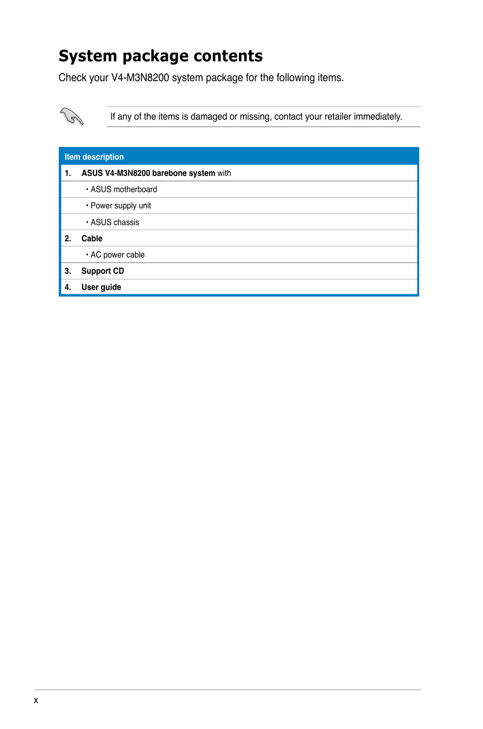 System package contents | Asus V4-M3N8200 User Manual | Page 10 / 104