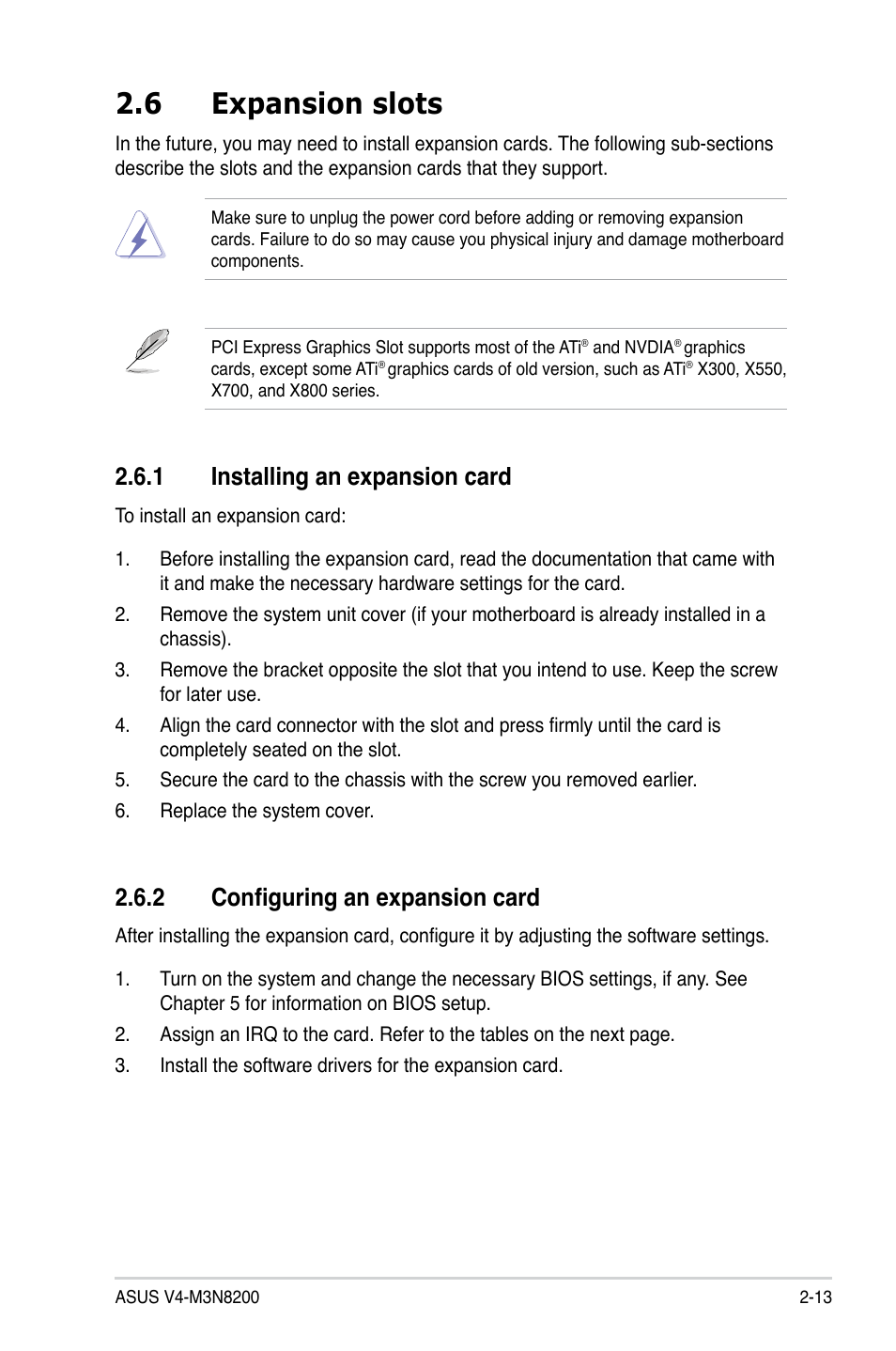 6 expansion slots, 1 installing an expansion card, 2 configuring an expansion card | Asus V4-M3N8200 User Manual | Page 31 / 104