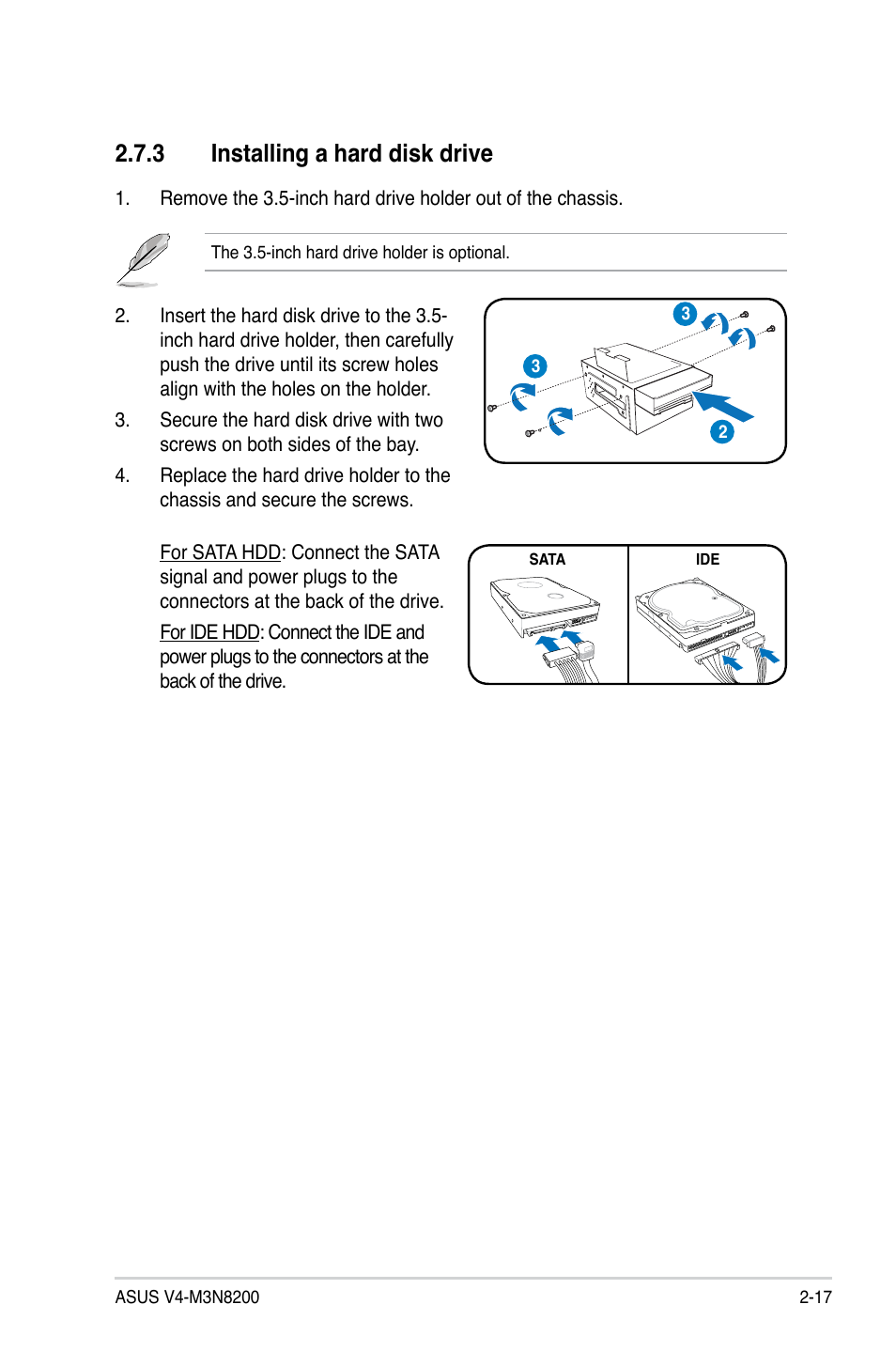 3 installing a hard disk drive | Asus V4-M3N8200 User Manual | Page 35 / 104