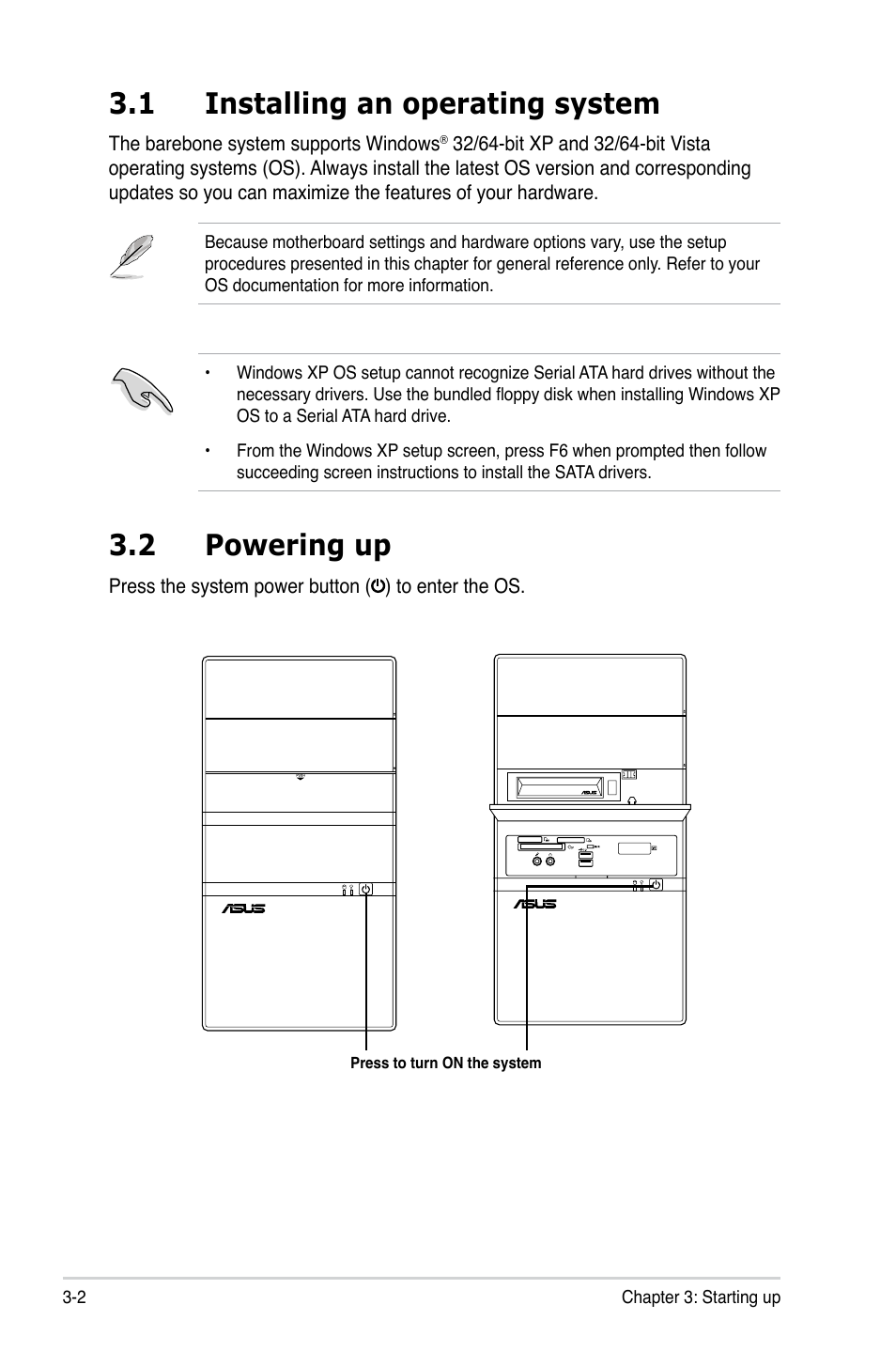 1 installing an operating system, 2 powering up | Asus V4-M3N8200 User Manual | Page 40 / 104