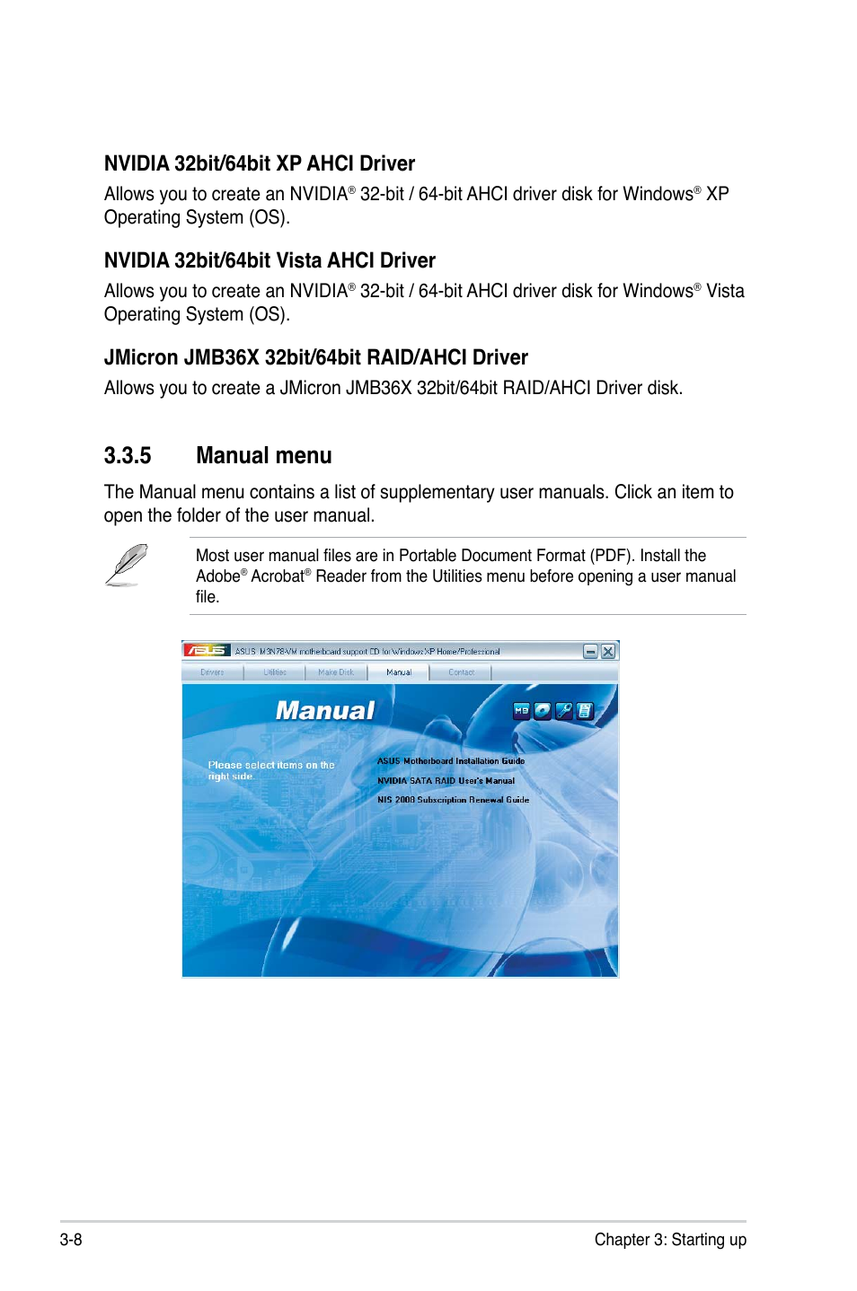 5 manual menu, Nvidia 32bit/64bit xp ahci driver, Nvidia 32bit/64bit vista ahci driver | Asus V4-M3N8200 User Manual | Page 46 / 104
