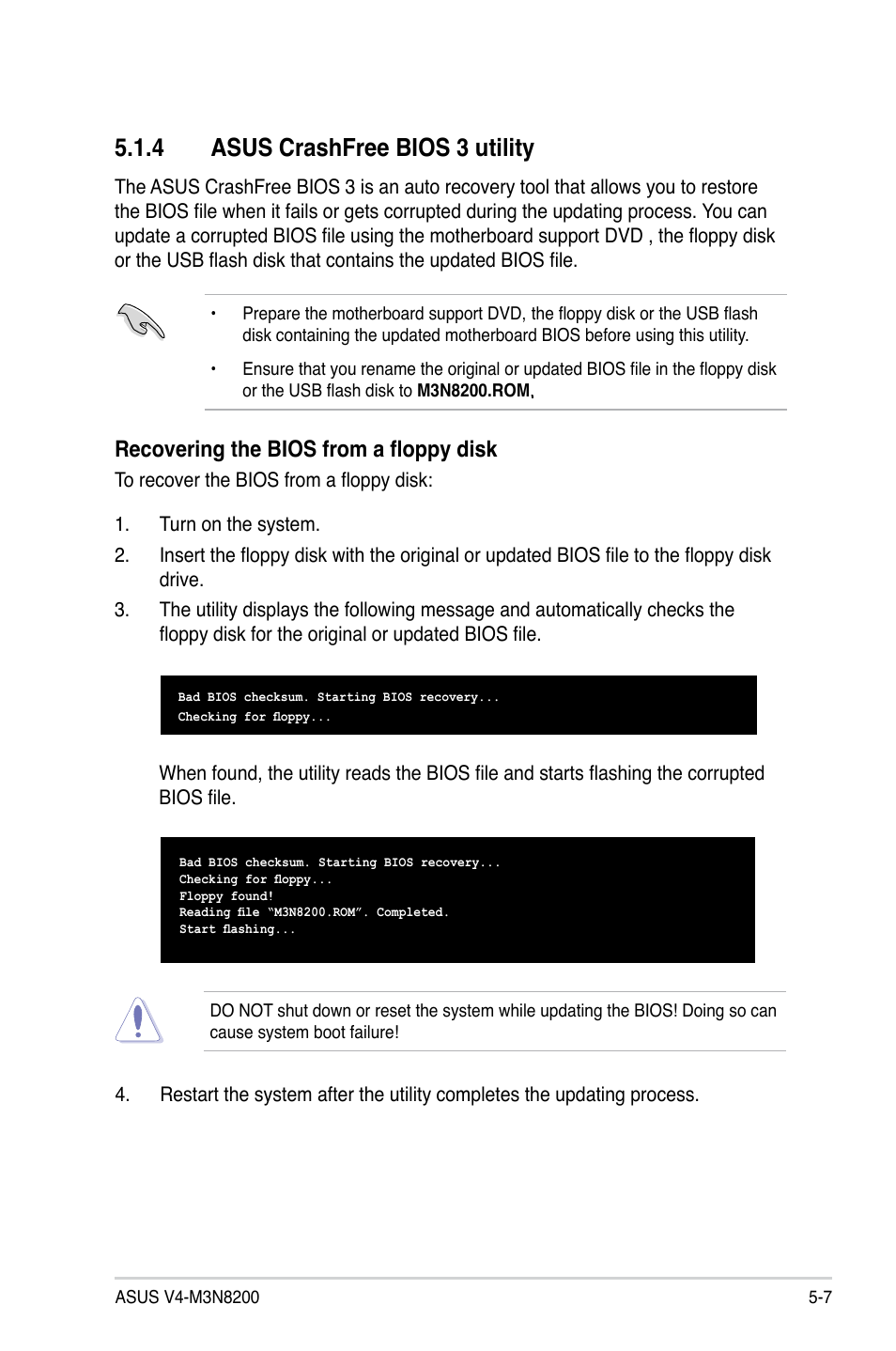 4 asus crashfree bios 3 utility, Recovering the bios from a floppy disk | Asus V4-M3N8200 User Manual | Page 67 / 104