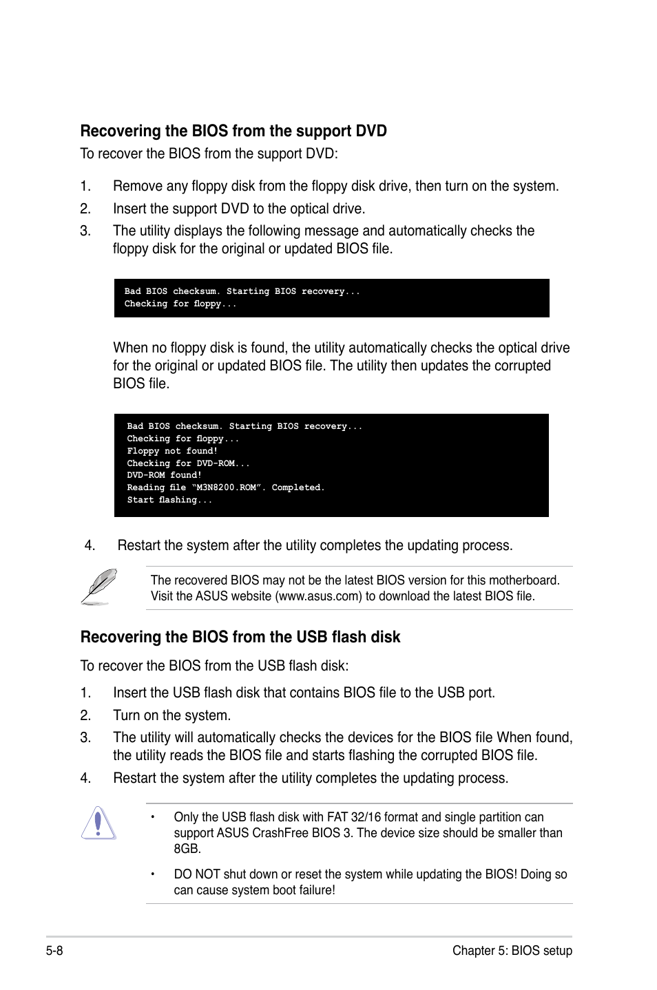 Recovering the bios from the support dvd, Recovering the bios from the usb flash disk | Asus V4-M3N8200 User Manual | Page 68 / 104