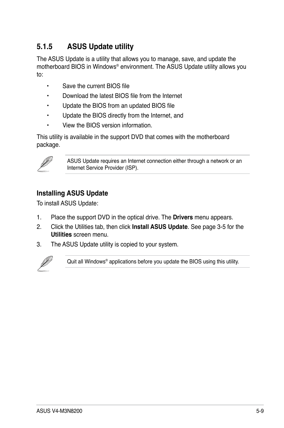 5 asus update utility, Installing asus update | Asus V4-M3N8200 User Manual | Page 69 / 104