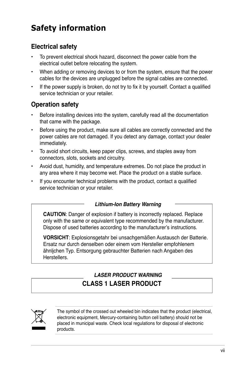 Safety information, Electrical safety, Operation safety | Class 1 laser product | Asus V4-M3N8200 User Manual | Page 7 / 104