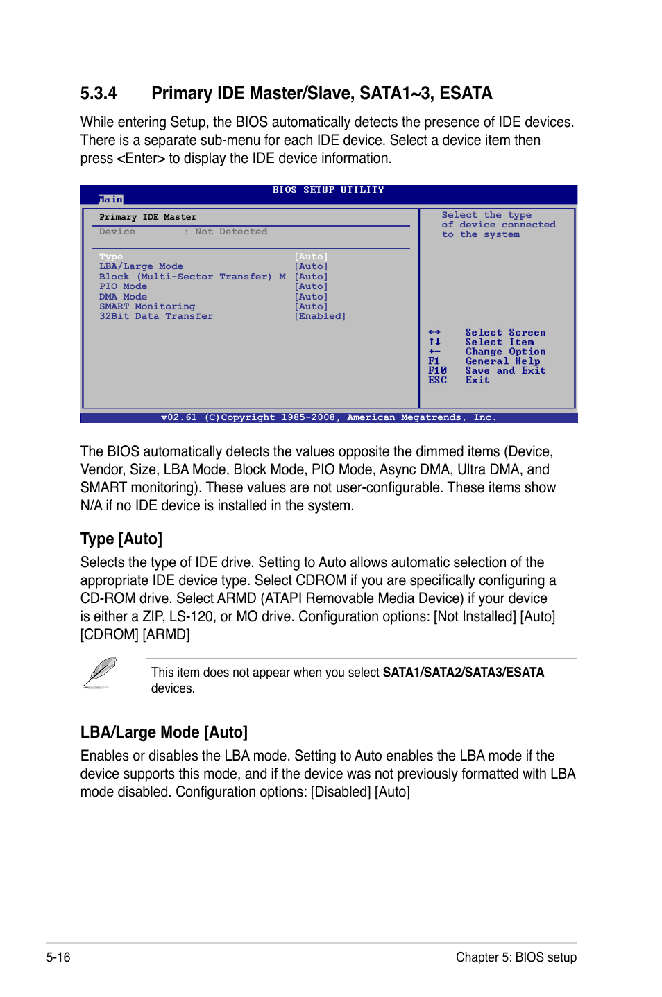 4 primary ide master/slave, sata1~3, esata, Type [auto, Lba/large mode [auto | Asus V4-M3N8200 User Manual | Page 76 / 104