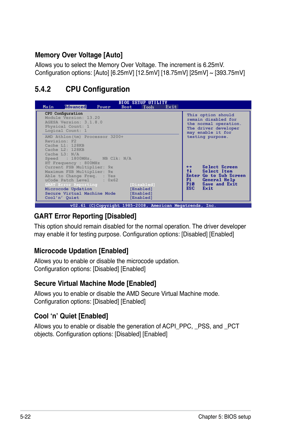 2 cpu configuration, Gart error reporting [disabled, Microcode updation [enabled | Secure virtual machine mode [enabled, Cool ‘n’ quiet [enabled | Asus V4-M3N8200 User Manual | Page 82 / 104