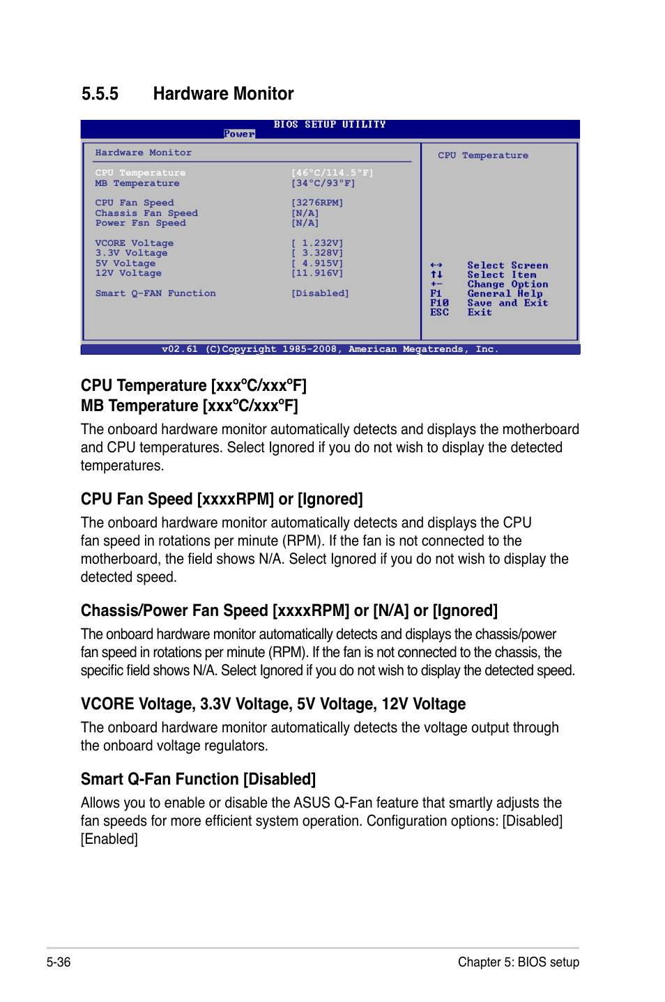 5 hardware monitor, Smart q-fan function [disabled | Asus V4-M3N8200 User Manual | Page 96 / 104