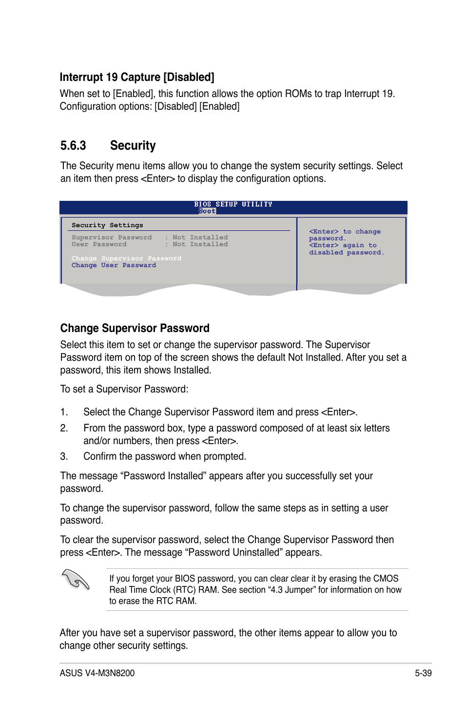 3 security, Interrupt 19 capture [disabled, Change supervisor password | Asus V4-M3N8200 User Manual | Page 99 / 104