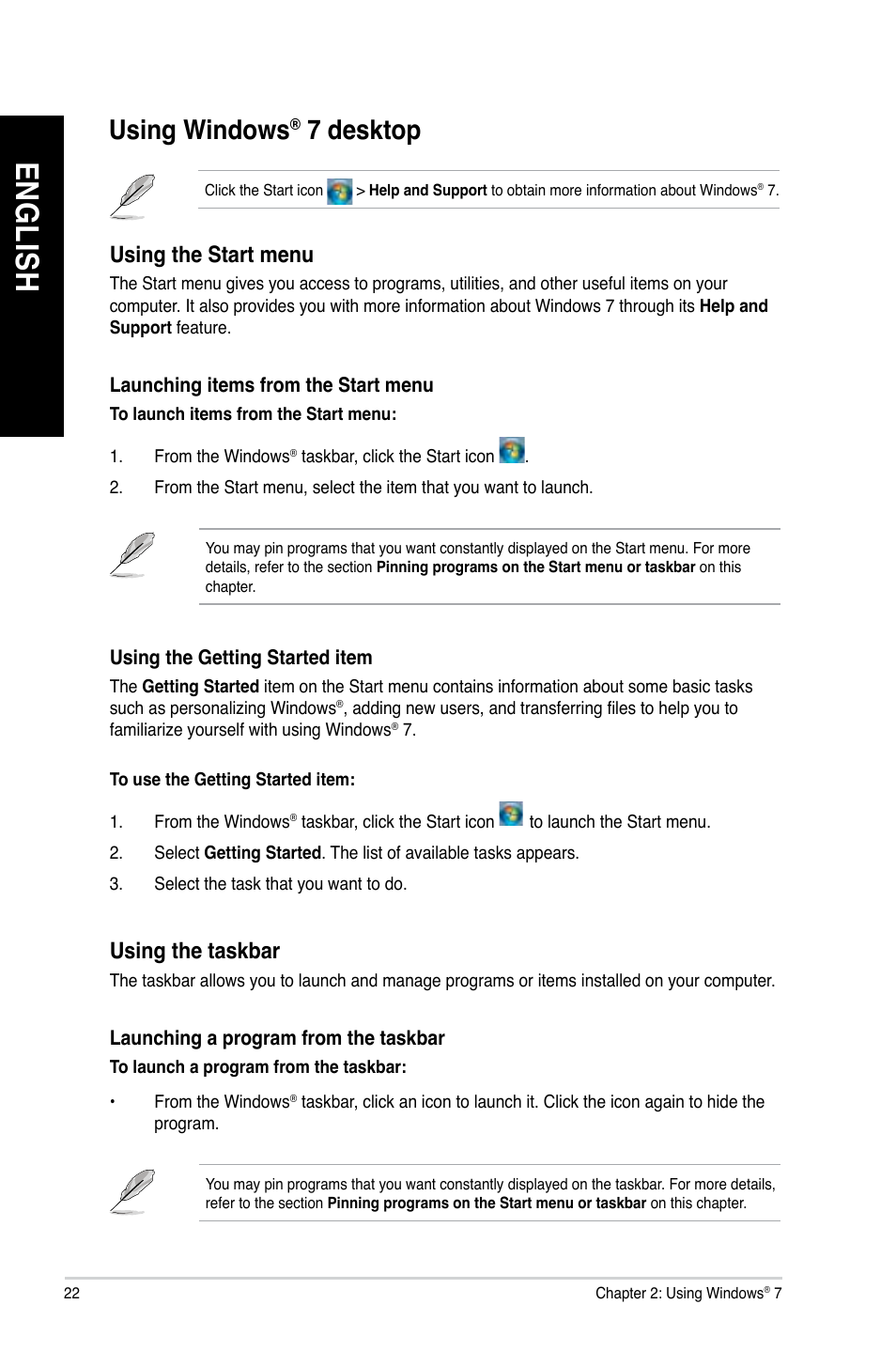 Using windows® 7 desktop, Using windows, 7 desktop | En g lis h en g li sh en g lis h en g li sh | Asus M11AA User Manual | Page 22 / 68