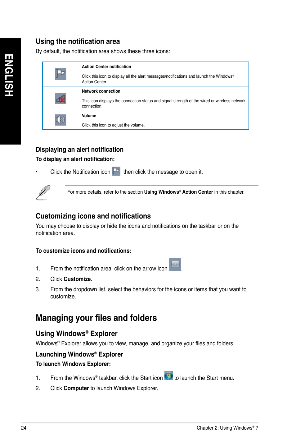 Managing your files and folders, En g lis h en g li sh en g lis h en g li sh | Asus M11AA User Manual | Page 24 / 68