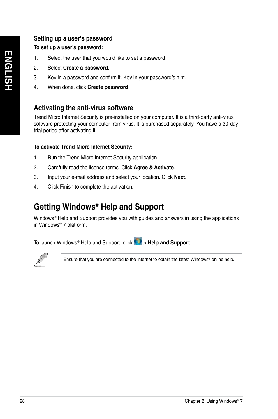 Getting windows® help and support, Getting windows, En g lis h en g li sh | Help and support, Activating the anti�virus software | Asus M11AA User Manual | Page 28 / 68