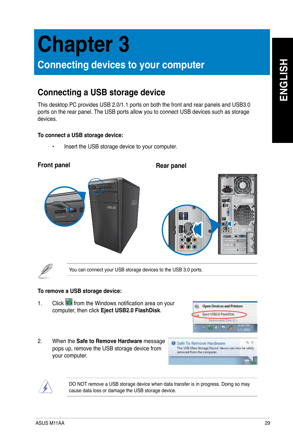 Chapter 3, Connecting devices to your computer, Connecting a usb storage device | En g lis h en g li sh | Asus M11AA User Manual | Page 29 / 68