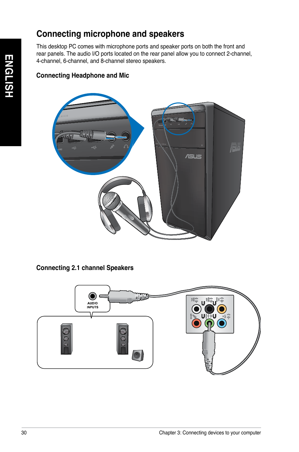 Connecting microphone and speakers, En g lis h en g li sh en g lis h en g li sh | Asus M11AA User Manual | Page 30 / 68