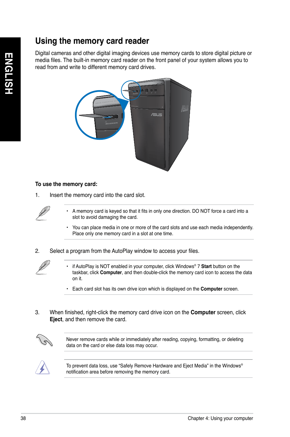 Using the memory card reader, En g lis h en g li sh en g lis h en g li sh | Asus M11AA User Manual | Page 38 / 68