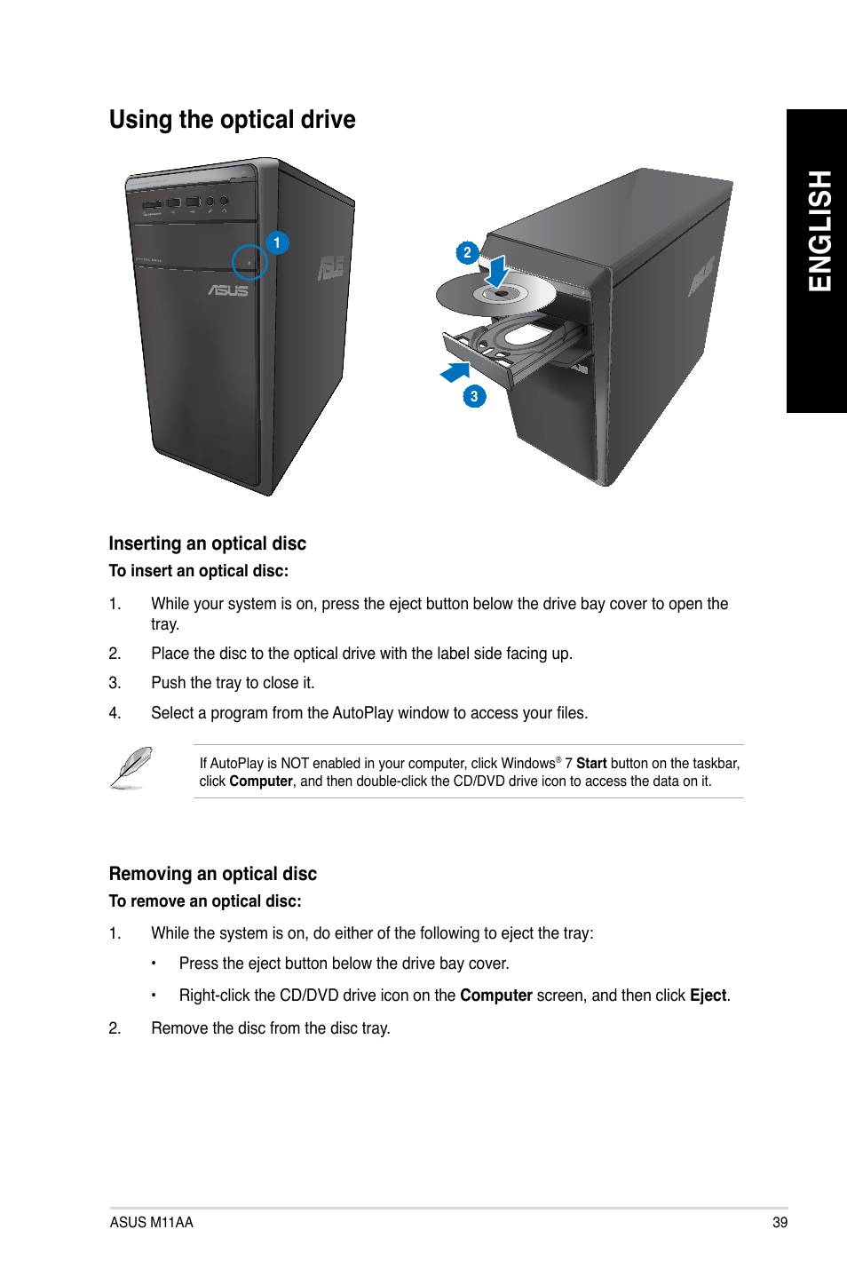 Using the optical drive, En g lis h en g li sh | Asus M11AA User Manual | Page 39 / 68